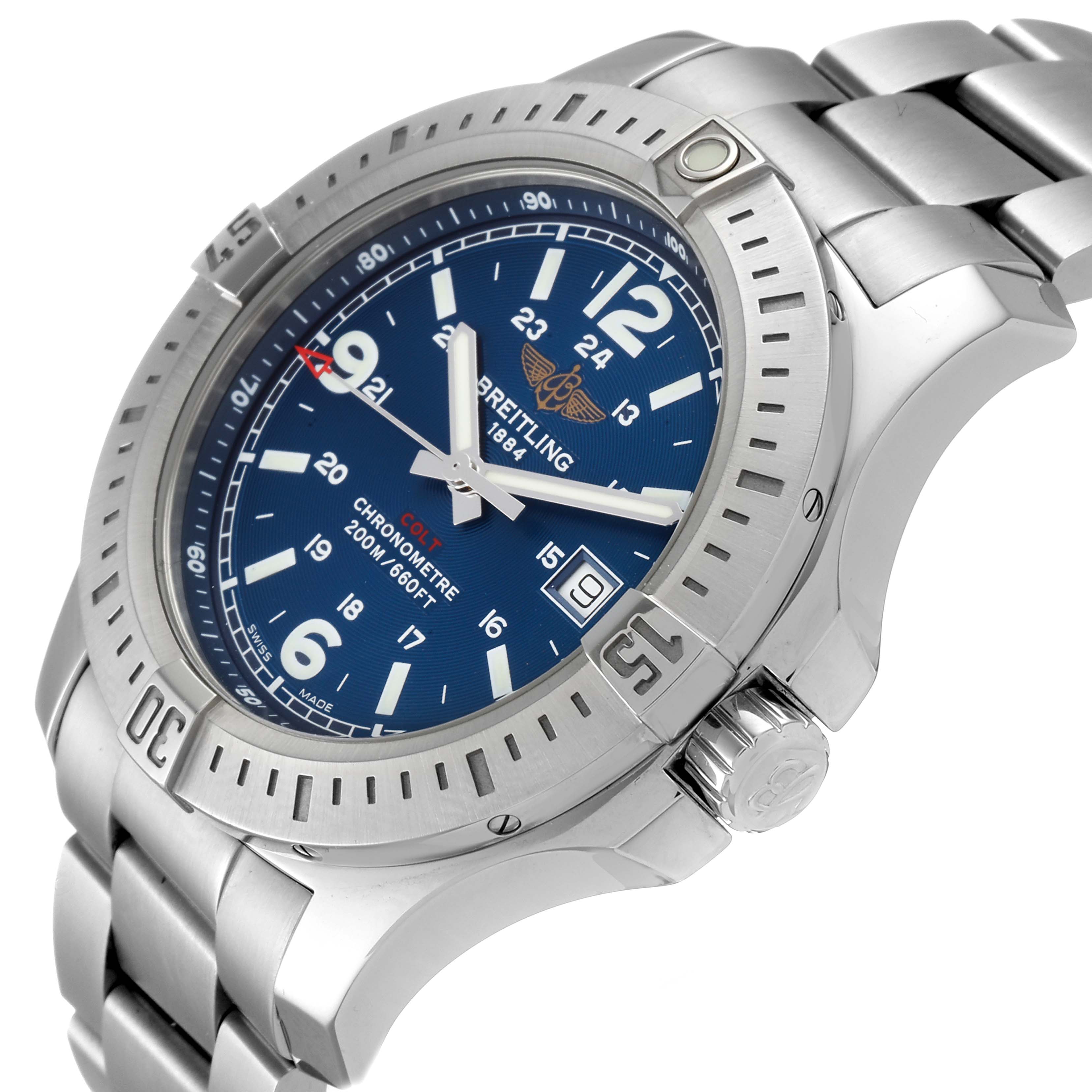 This image shows a Breitling Colt A74388 Men's Stainless Steel Blue Dial A74388 Men's Stainless Steel Blue Dial watch at an oblique angle, highlighting the dial, bezel, crown, and part of the bracelet.