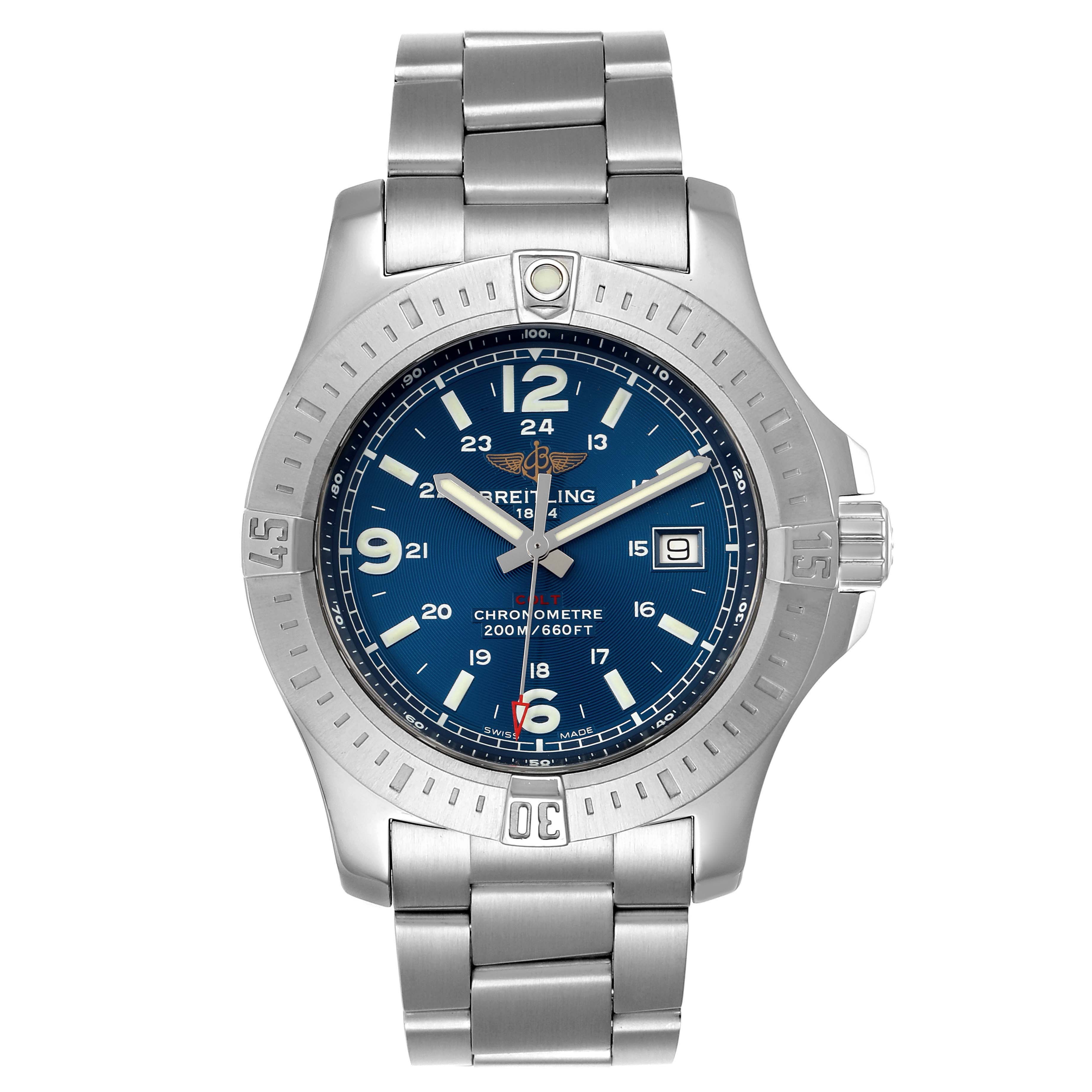 This Breitling Colt A74388 Men's Stainless Steel Blue Dial A74388 Men's Stainless Steel Blue Dial watch is shown from a top angle, featuring its blue dial, stainless steel bracelet, and bezel.