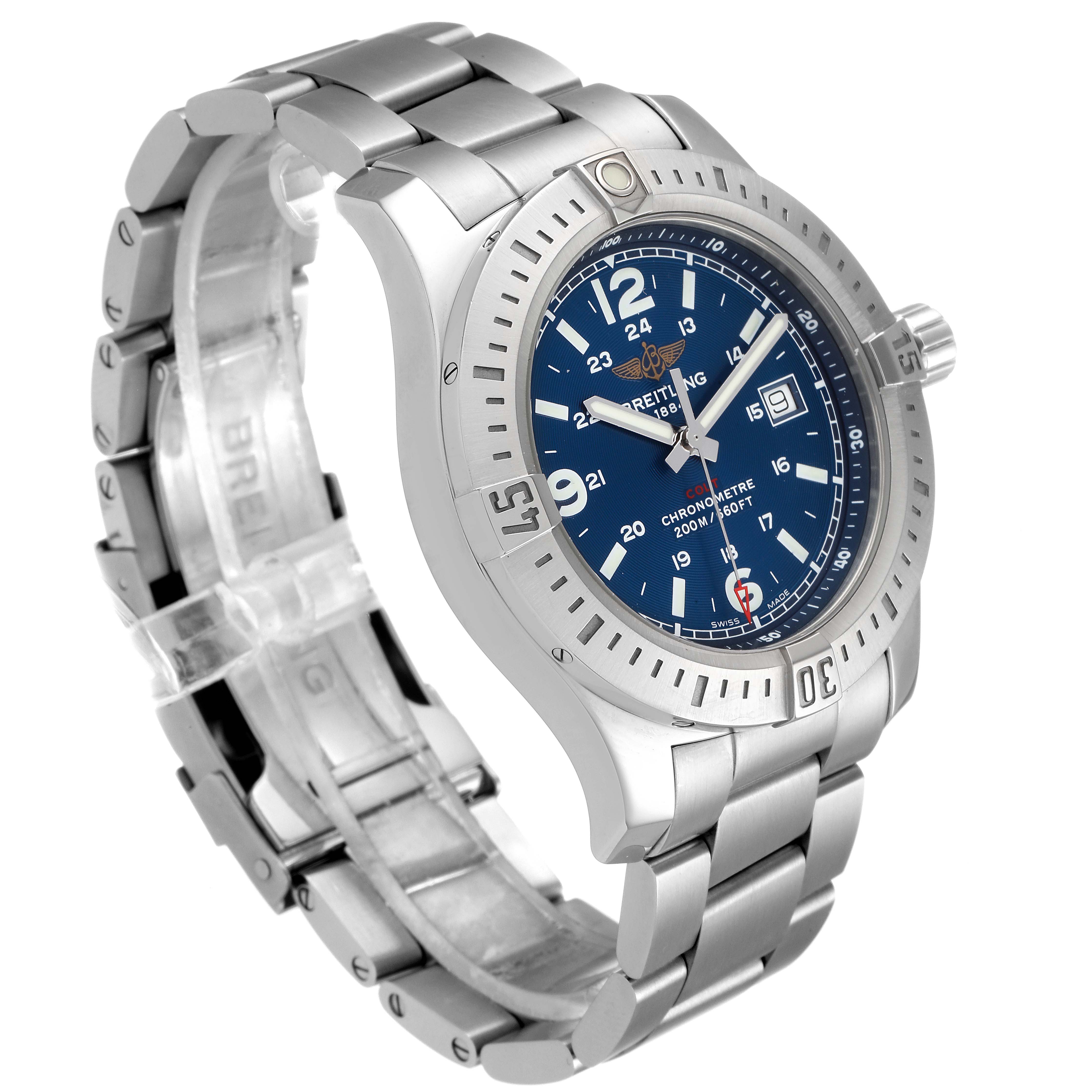 The Breitling Colt A74388 Men's Stainless Steel Blue Dial A74388 Men's Stainless Steel Blue Dial model watch is shown at an oblique angle, highlighting its face, bezel, crown, and metal bracelet.