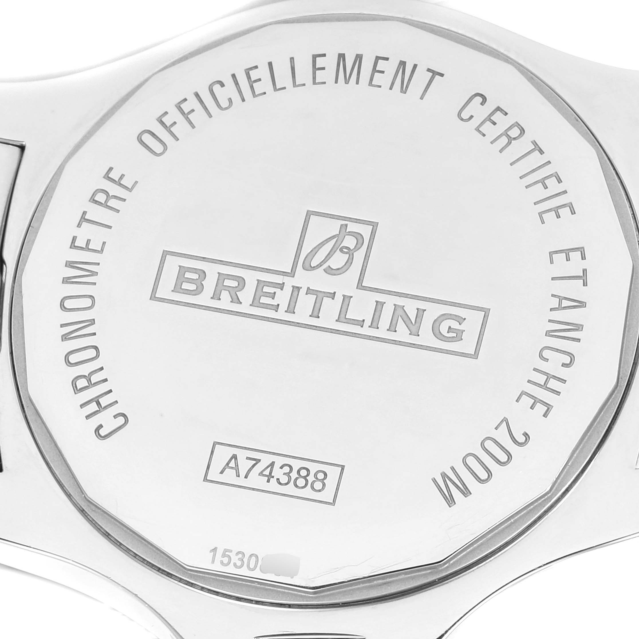 This image shows the back case of a Breitling Colt A74388 Men's Stainless Steel Blue Dial A74388 Men's Stainless Steel Blue Dial watch in close-up.