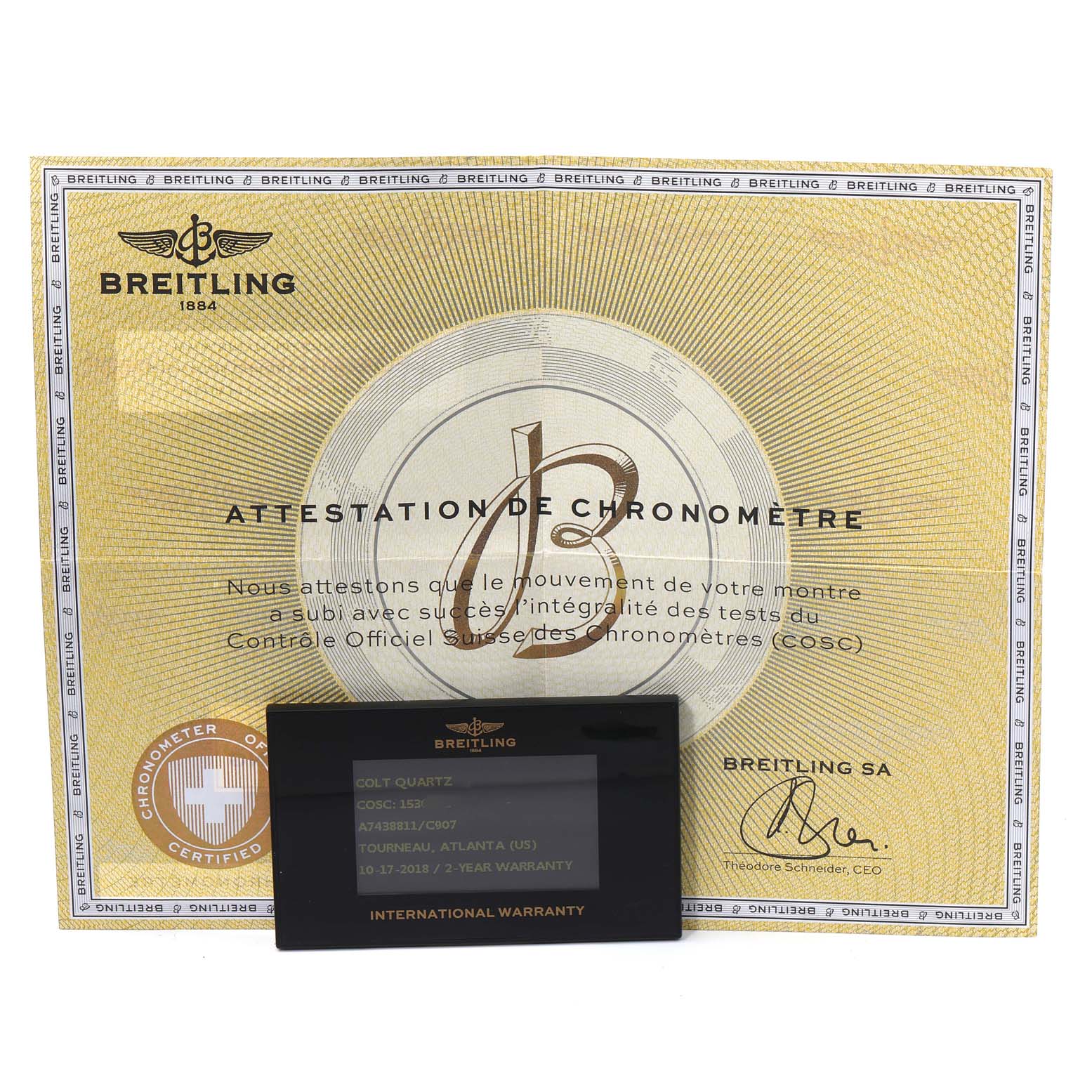 This image shows the certificate of authenticity and international warranty card for a Breitling Colt A74388 Men's Stainless Steel Blue Dial A74388 Men's Stainless Steel Blue Dial model watch.