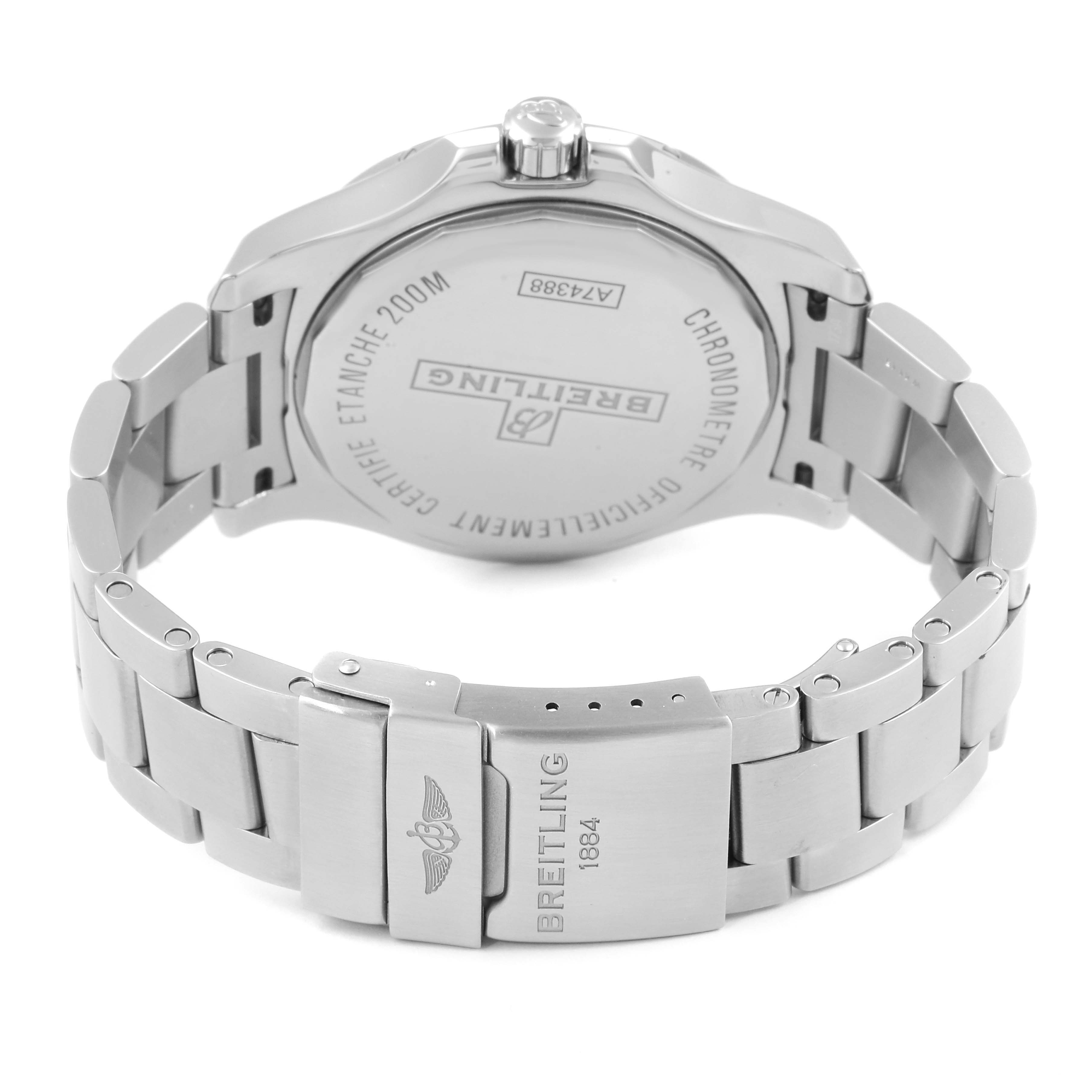 The image shows the back case and bracelet of the Breitling Colt A74388 Men's Stainless Steel Blue Dial A74388 Men's Stainless Steel Blue Dial watch, highlighting the clasp and engraved details.