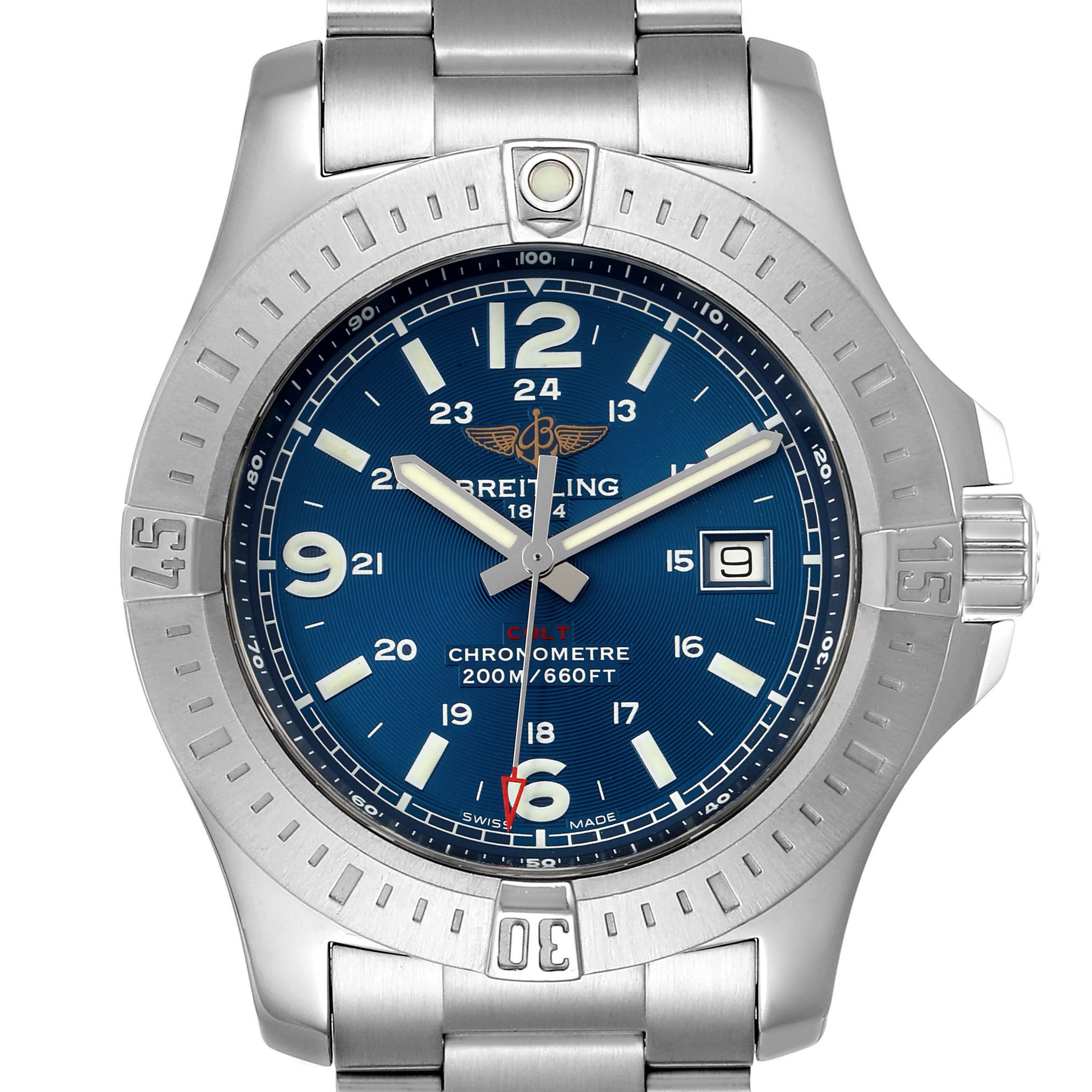 The image shows a front view of the Breitling Colt A74388 Men's Stainless Steel Blue Dial A74388 Men's Stainless Steel Blue Dial watch, highlighting its dial, bezel, and bracelet.