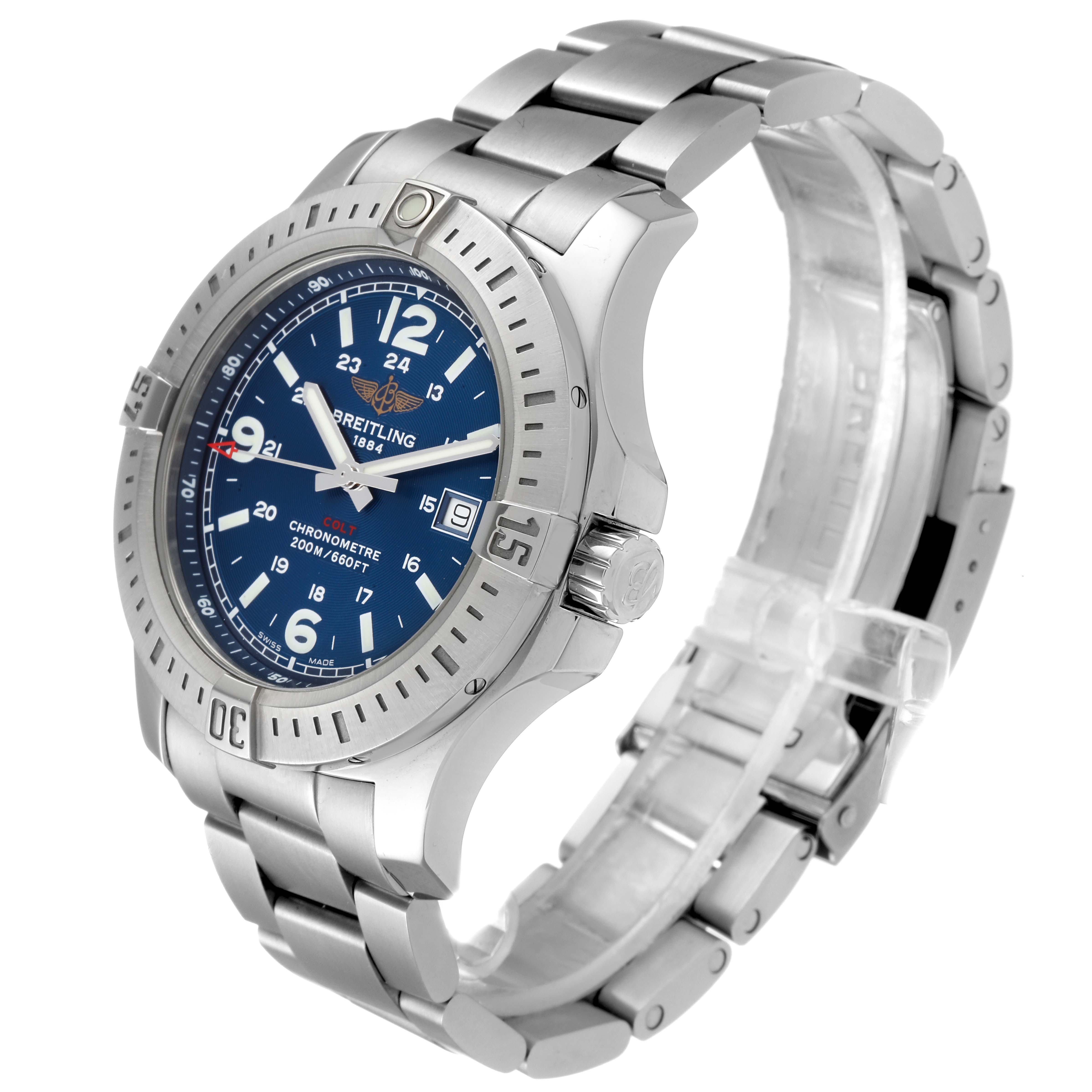 The image shows a Breitling Colt A74388 Men's Stainless Steel Blue Dial A74388 Men's Stainless Steel Blue Dial model watch at a three-quarter angle, showcasing the face, bezel, crown, and bracelet.