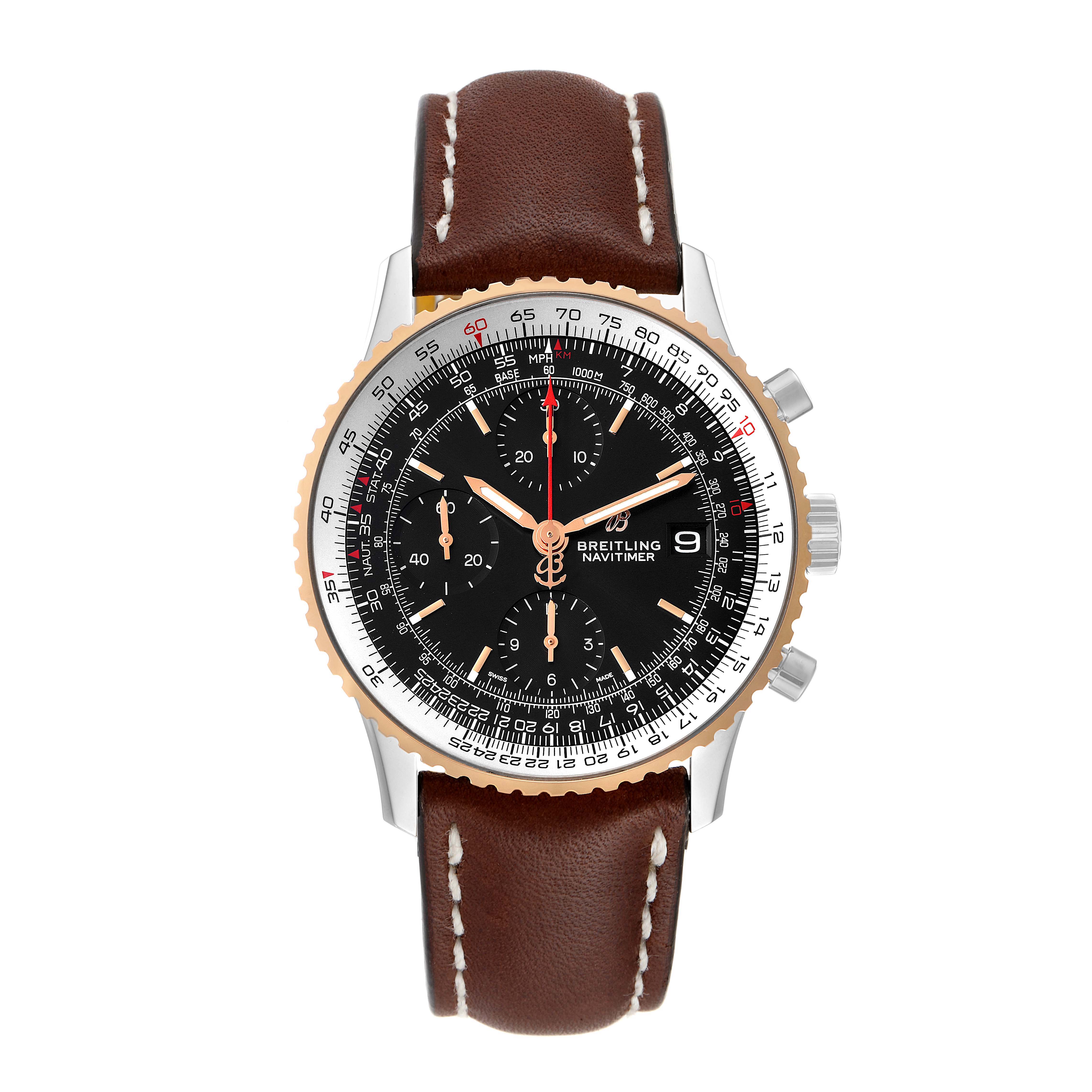 The image shows a front view of a Breitling Navitimer U13324211B1X1 Men
s Steel and Gold (two tone) Black Dial U13324211B1X1 Men
s Steel and Gold (two tone) Black Dial watch with a brown leather strap, a black dial, and chronograph functions.