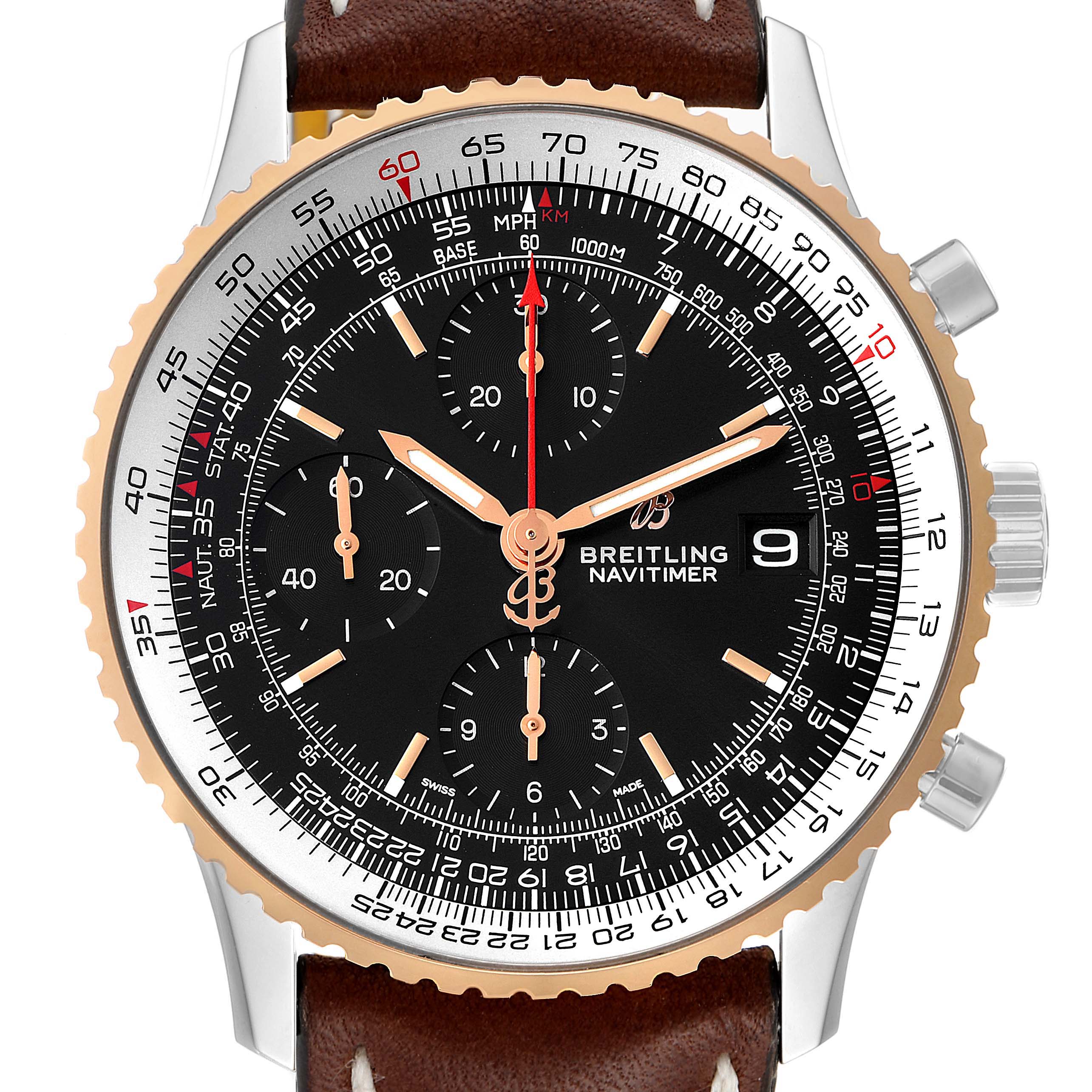 The image shows a frontal view of a Breitling Navitimer U13324211B1X1 Men
s Steel and Gold (two tone) Black Dial U13324211B1X1 Men
s Steel and Gold (two tone) Black Dial watch displaying its face, dials, bezel, and leather strap.