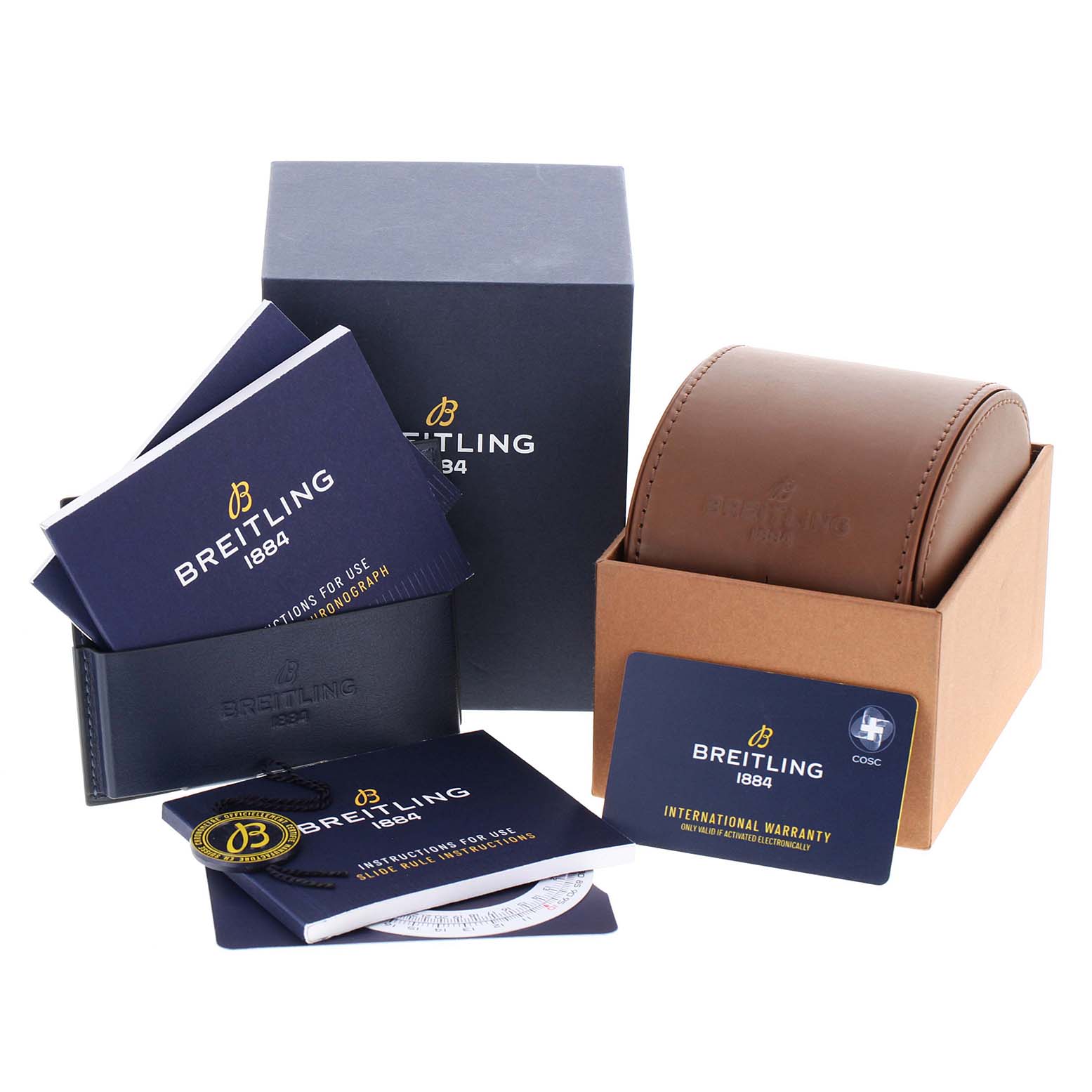 The image shows the Breitling Navitimer U13324211B1X1 Men
s Steel and Gold (two tone) Black Dial U13324211B1X1 Men
s Steel and Gold (two tone) Black Dial packaging, manual, warranty card, and watch case from a front angle.