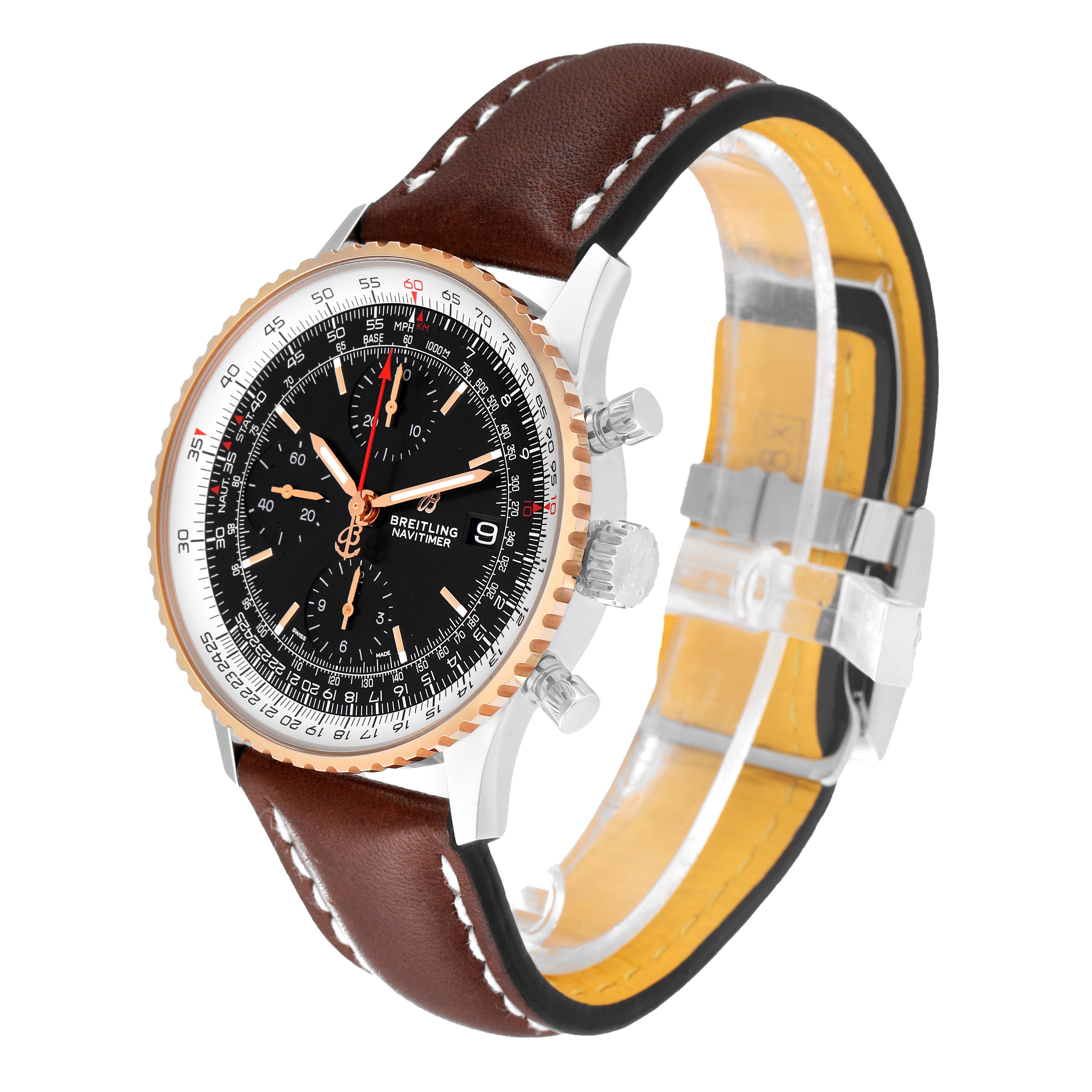 The Breitling Navitimer U13324211B1X1 Men
s Steel and Gold (two tone) Black Dial U13324211B1X1 Men
s Steel and Gold (two tone) Black Dial watch is shown in a side angle, displaying its face, bezel, and brown leather strap.
