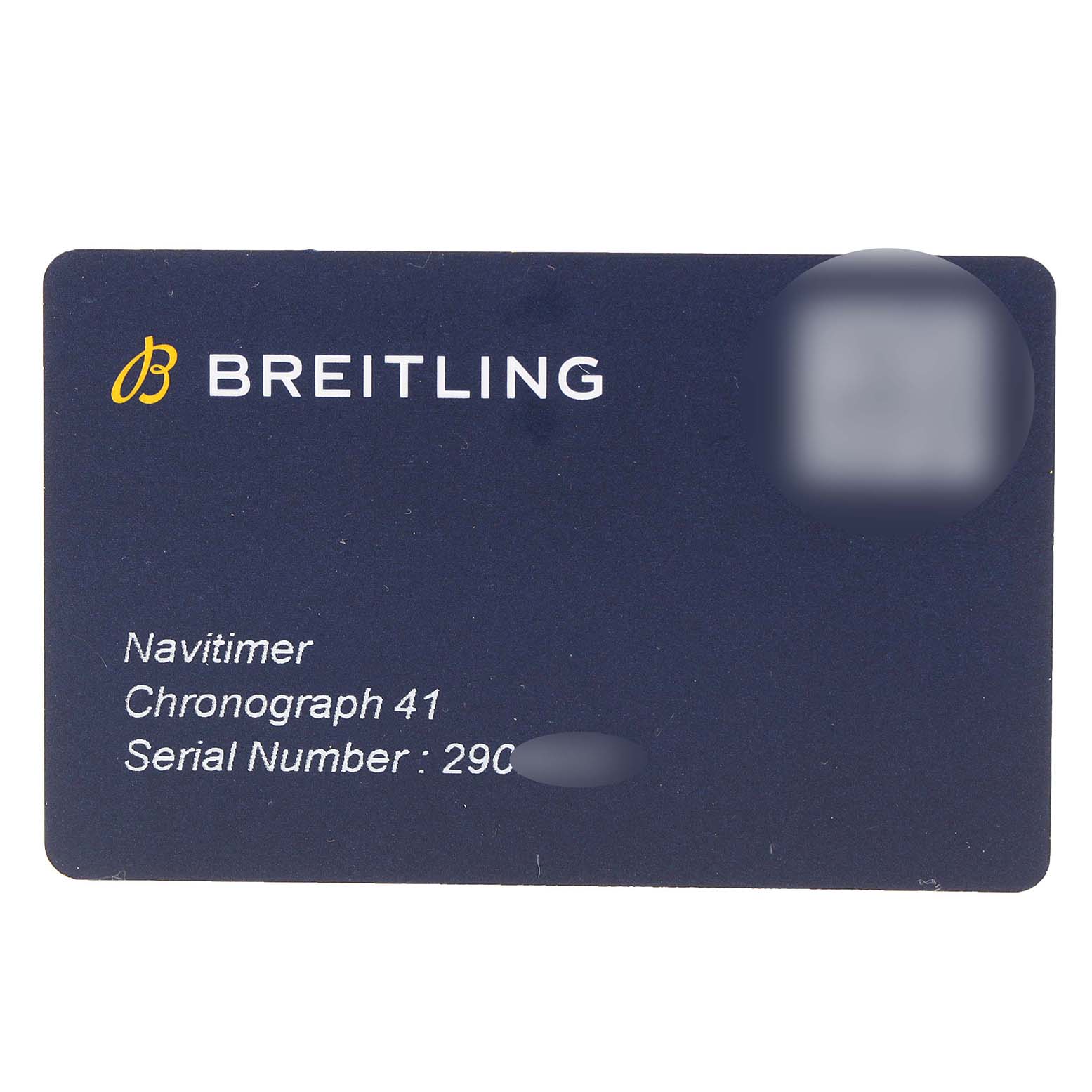 The image shows a warranty card for the Breitling Navitimer U13324211B1X1 Men
s Steel and Gold (two tone) Black Dial U13324211B1X1 Men
s Steel and Gold (two tone) Black Dial Chronograph 41 with its serial number.