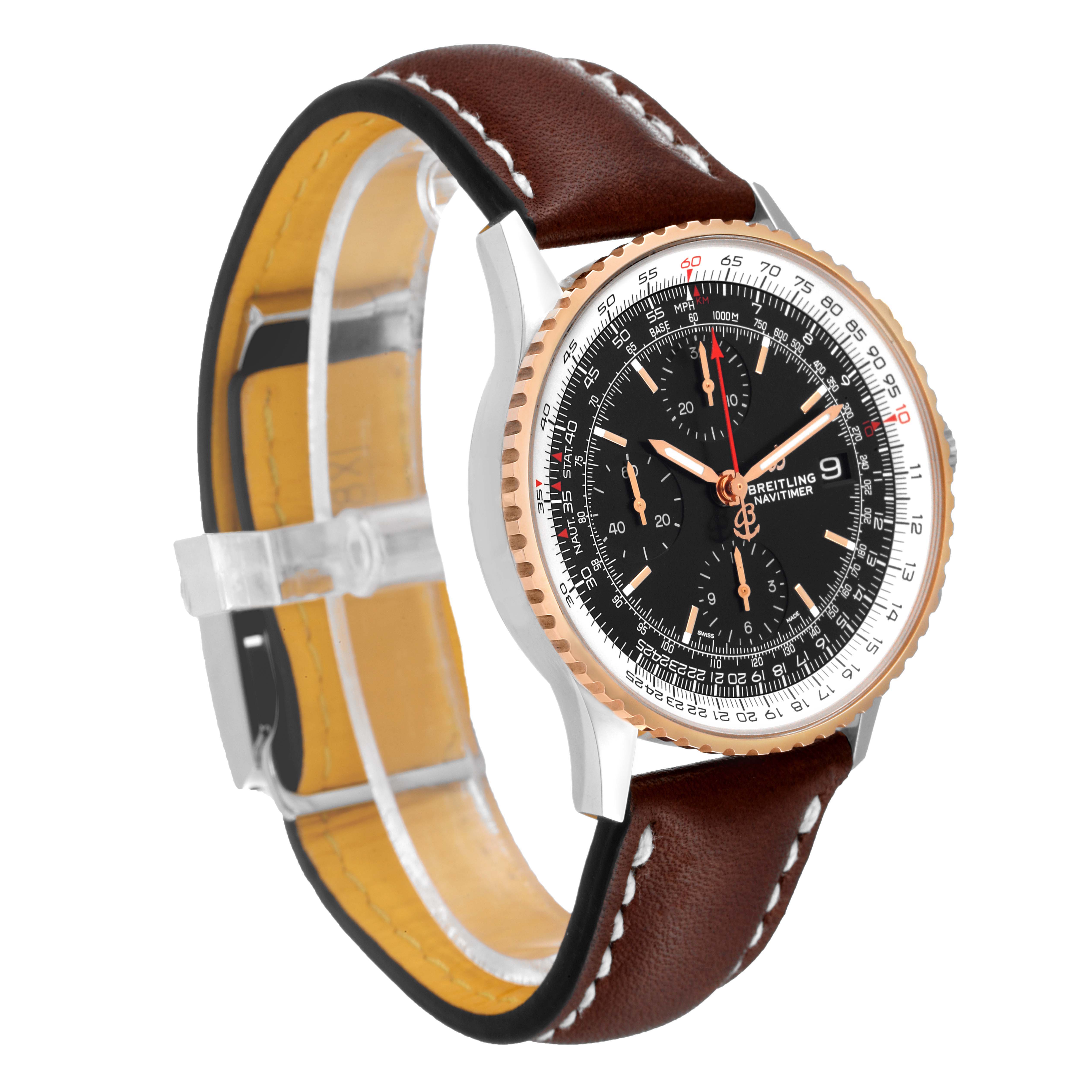 The Breitling Navitimer U13324211B1X1 Men
s Steel and Gold (two tone) Black Dial U13324211B1X1 Men
s Steel and Gold (two tone) Black Dial watch is shown at an angled side view, displaying its black dial, bezel, chronograph functions, and brown leather strap.