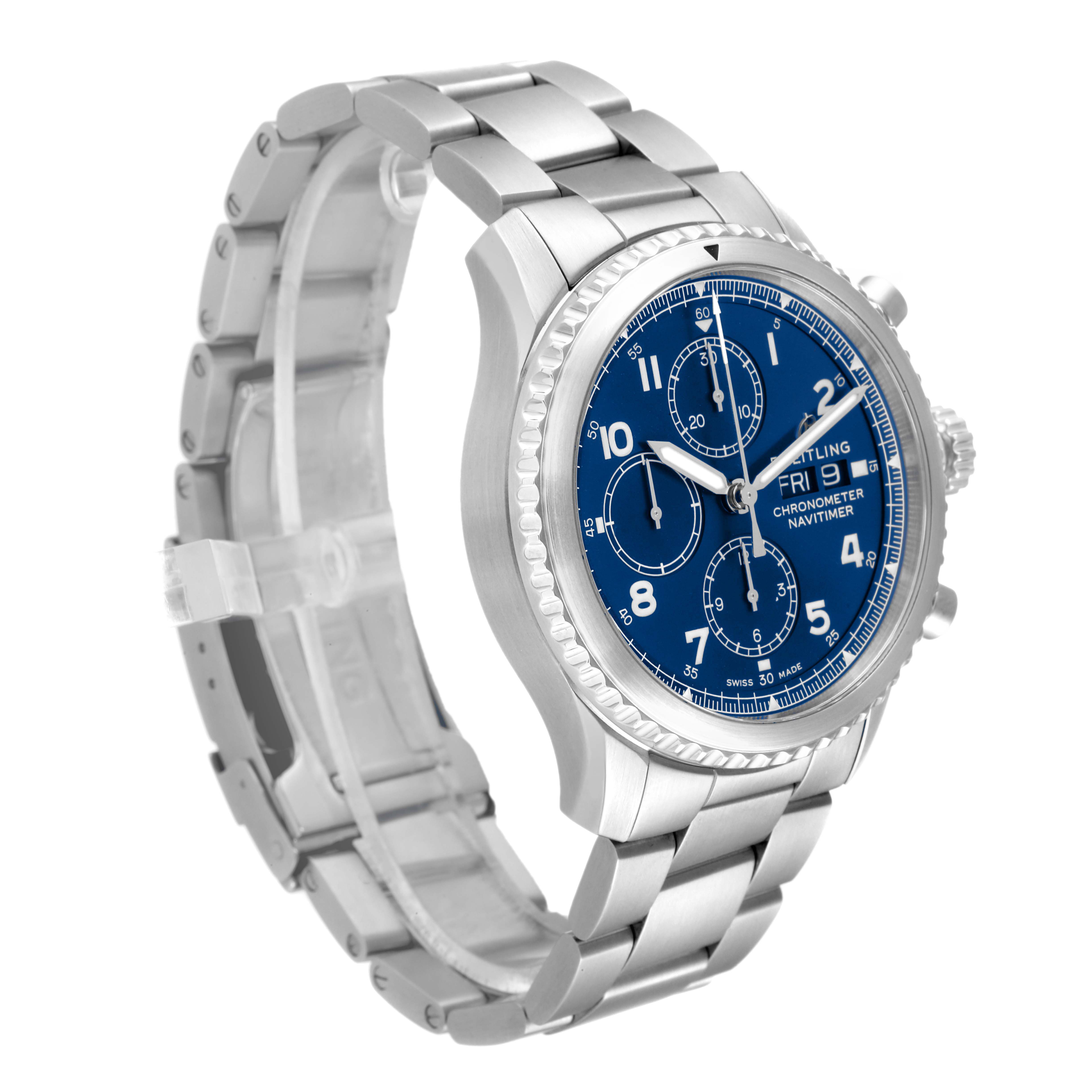 The image shows a side and front view of a Breitling Navitimer A1331410/C997/189A Men
s Stainless Steel Blue Dial A1331410/C997/189A Men
s Stainless Steel Blue Dial watch with a blue dial and stainless steel bracelet.