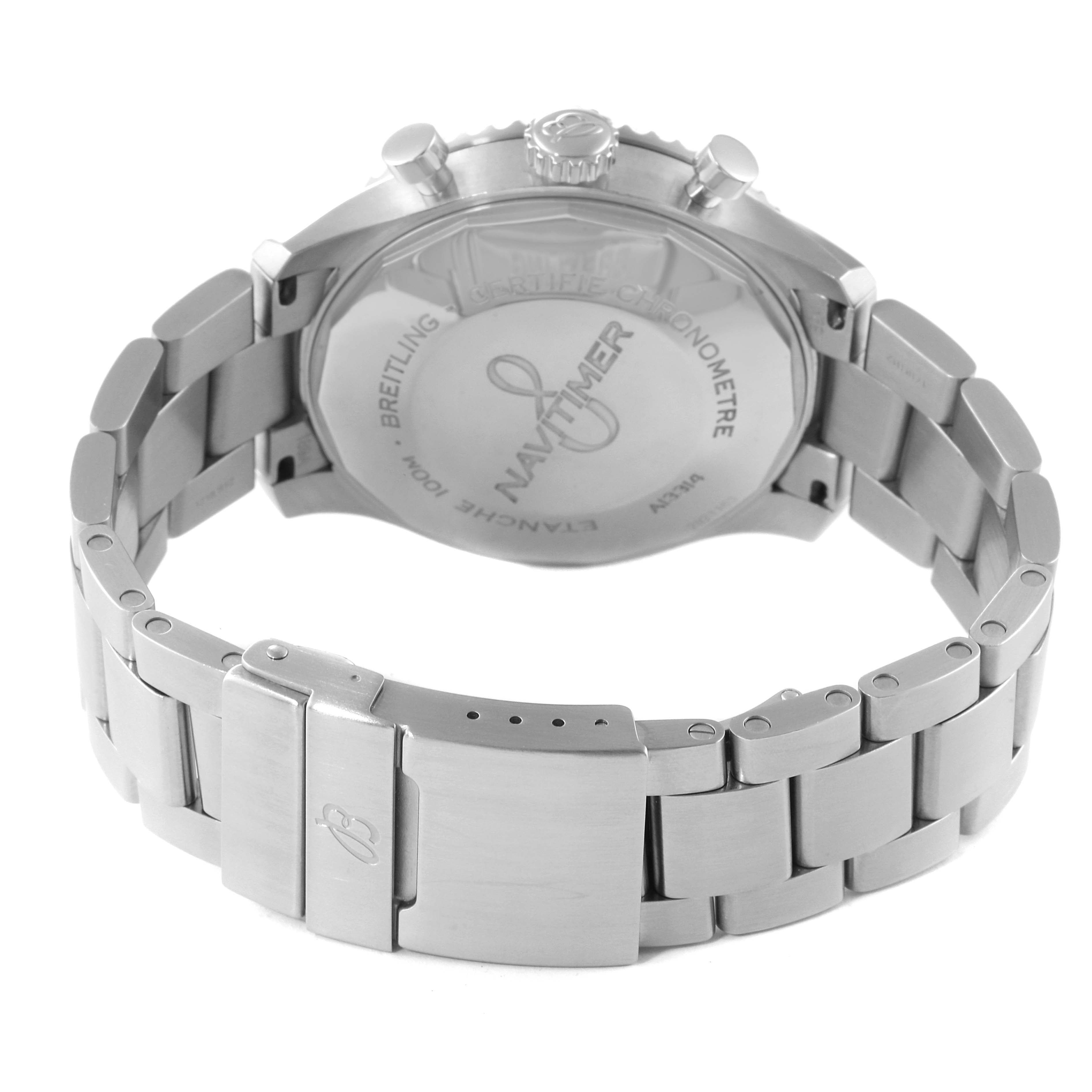 The image shows the back view of a Breitling Navitimer A1331410/C997/189A Men
s Stainless Steel Blue Dial A1331410/C997/189A Men
s Stainless Steel Blue Dial watch, focusing on the case back and metal bracelet with clasp.