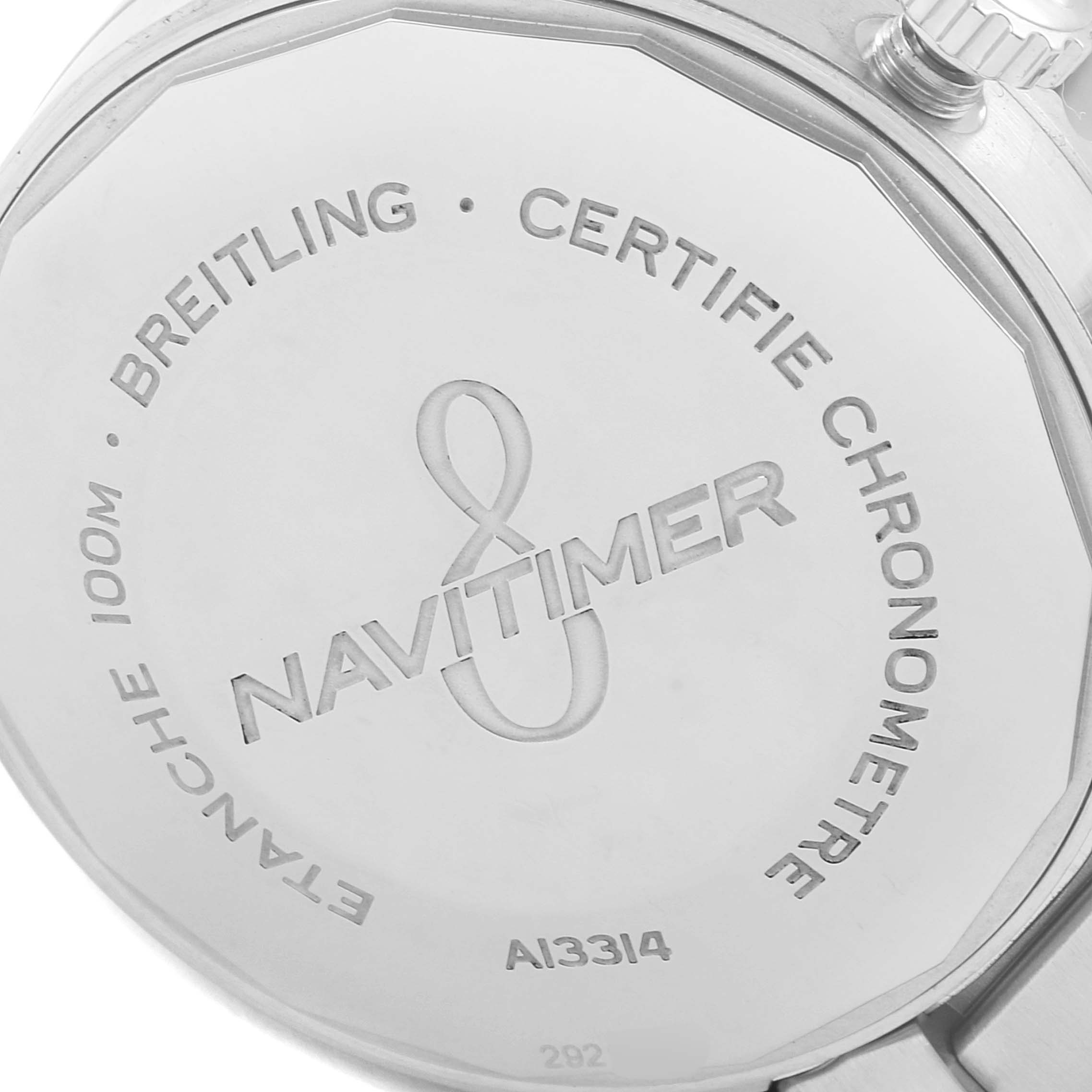The image shows the case back of a Breitling Navitimer A1331410/C997/189A Men
s Stainless Steel Blue Dial A1331410/C997/189A Men
s Stainless Steel Blue Dial watch, highlighting the engravings.