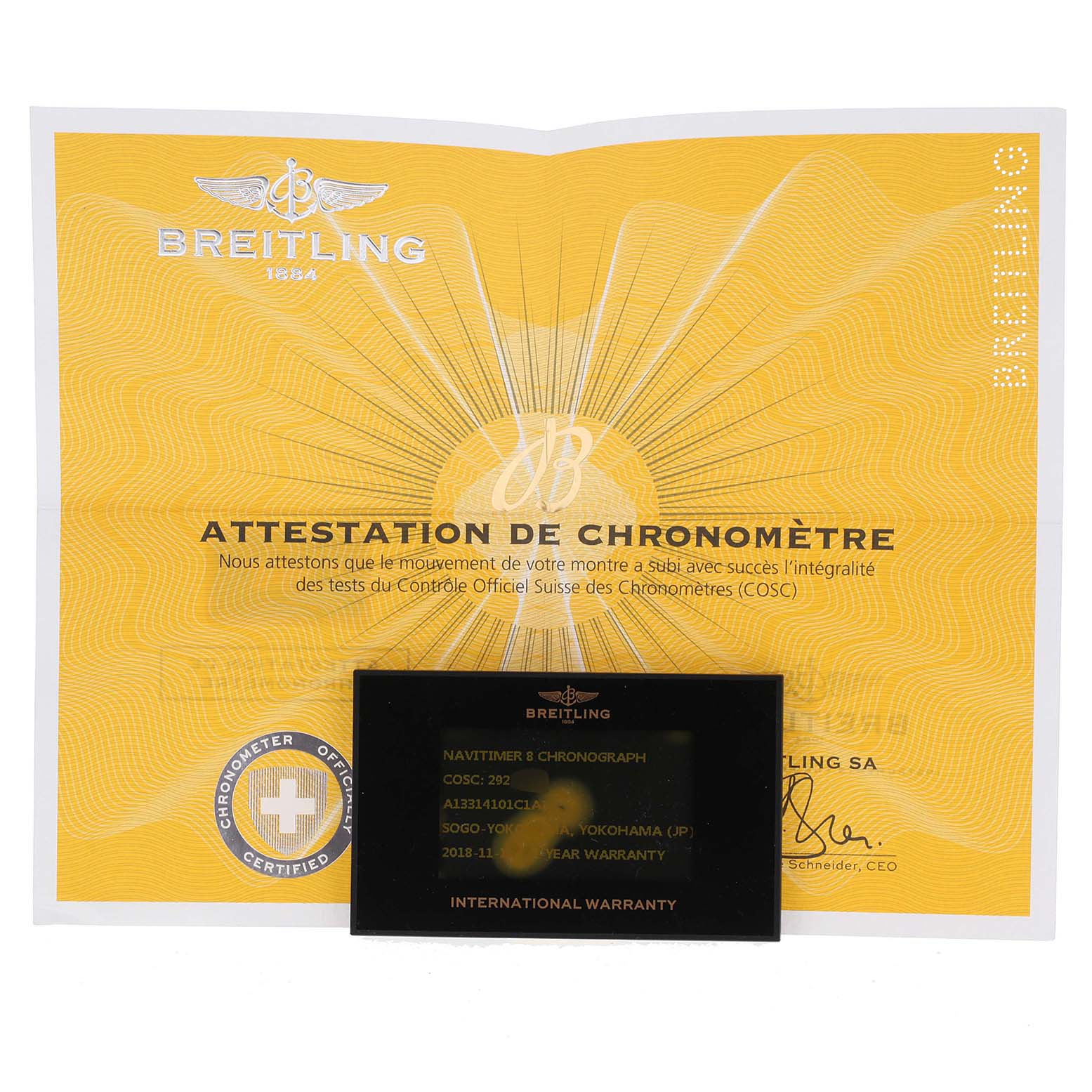 The image shows a Breitling Navitimer A1331410/C997/189A Men
s Stainless Steel Blue Dial A1331410/C997/189A Men
s Stainless Steel Blue Dial model certificate of Best Quality
ity and international warranty card from the front.