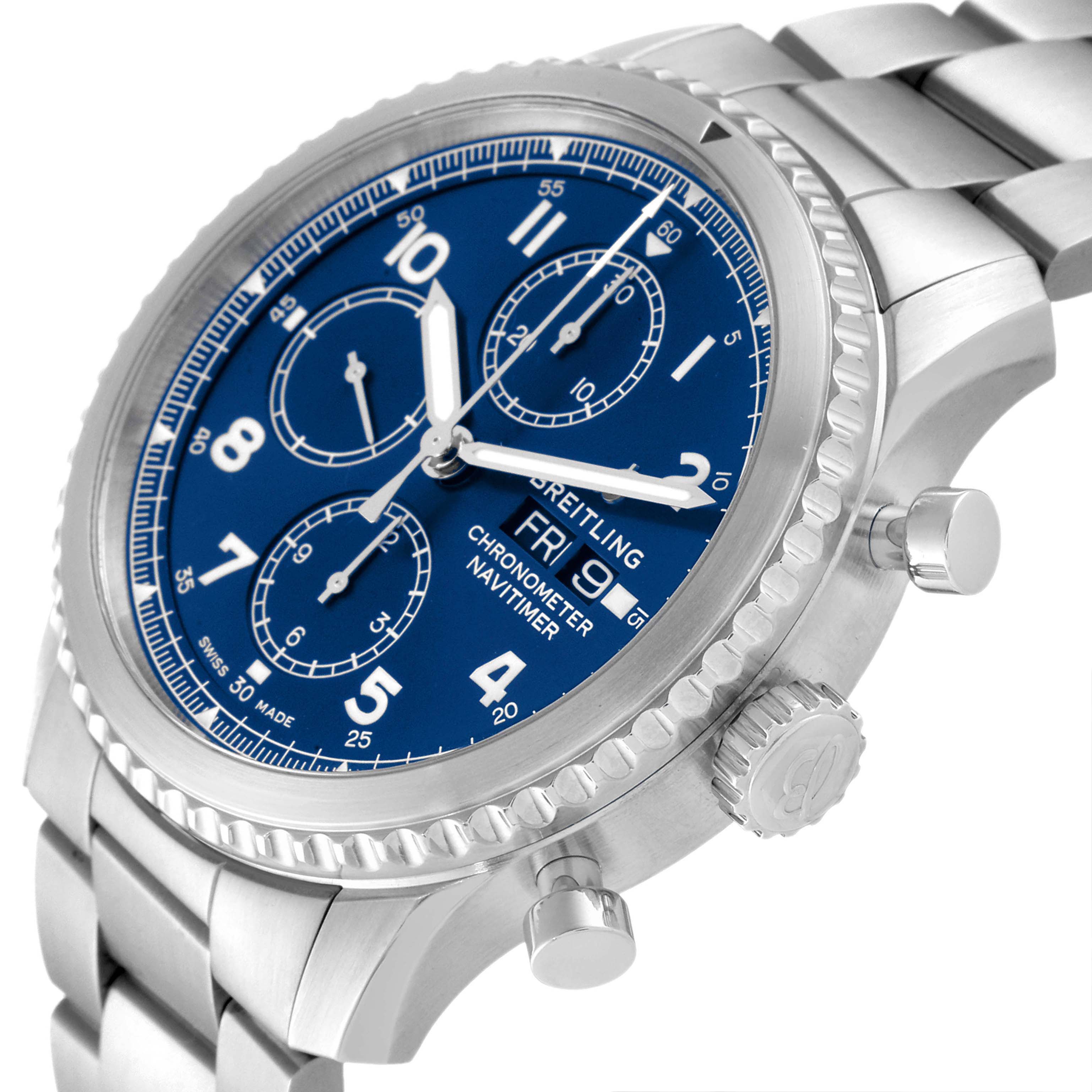 The image shows a close-up side angle of a Breitling Navitimer A1331410/C997/189A Men
s Stainless Steel Blue Dial A1331410/C997/189A Men
s Stainless Steel Blue Dial watch, highlighting its blue dial, bezel, crown, and pushers.