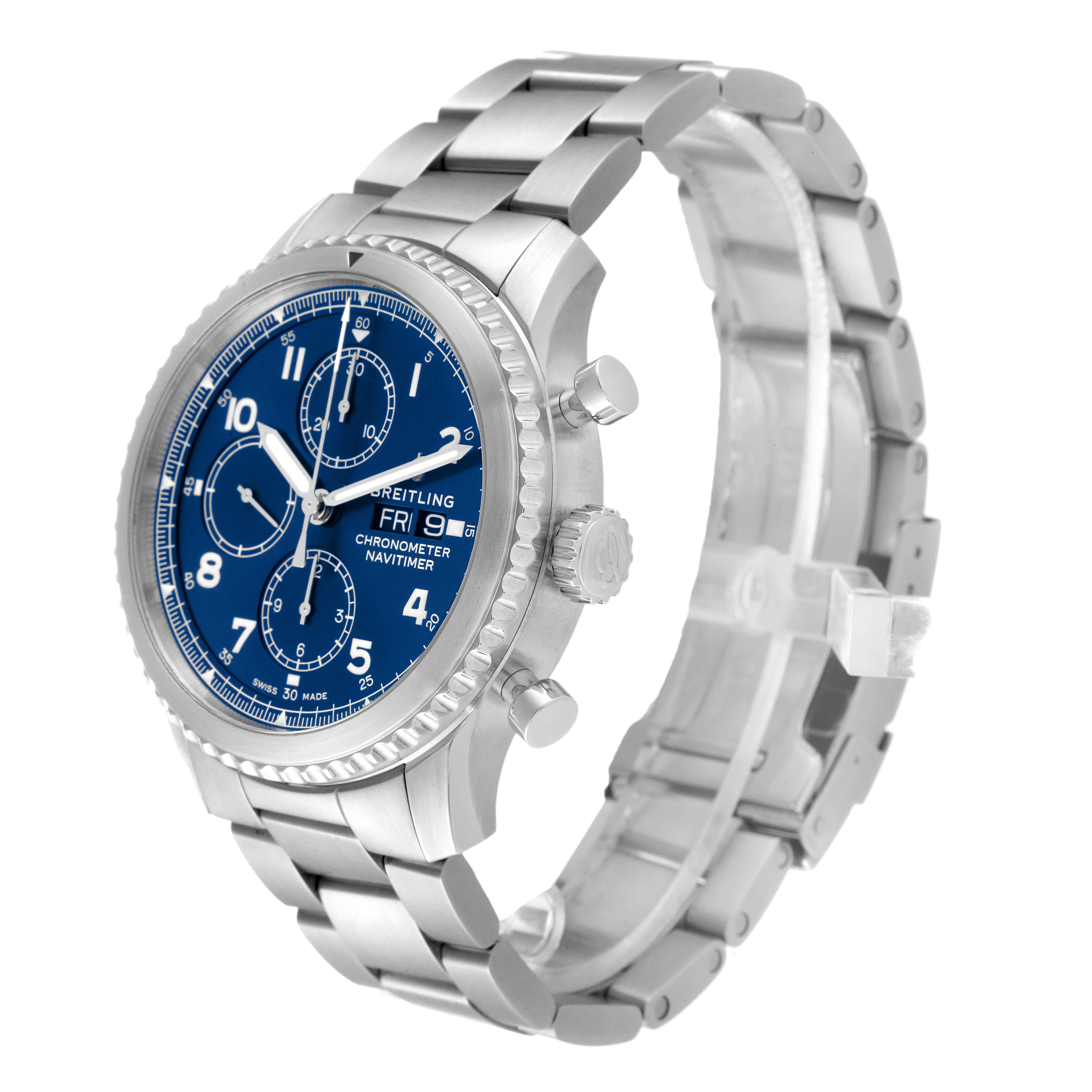 This Breitling Navitimer A1331410/C997/189A Men
s Stainless Steel Blue Dial A1331410/C997/189A Men
s Stainless Steel Blue Dial watch is shown at a three-quarter angle, highlighting the blue dial, chronograph features, and stainless steel bracelet.