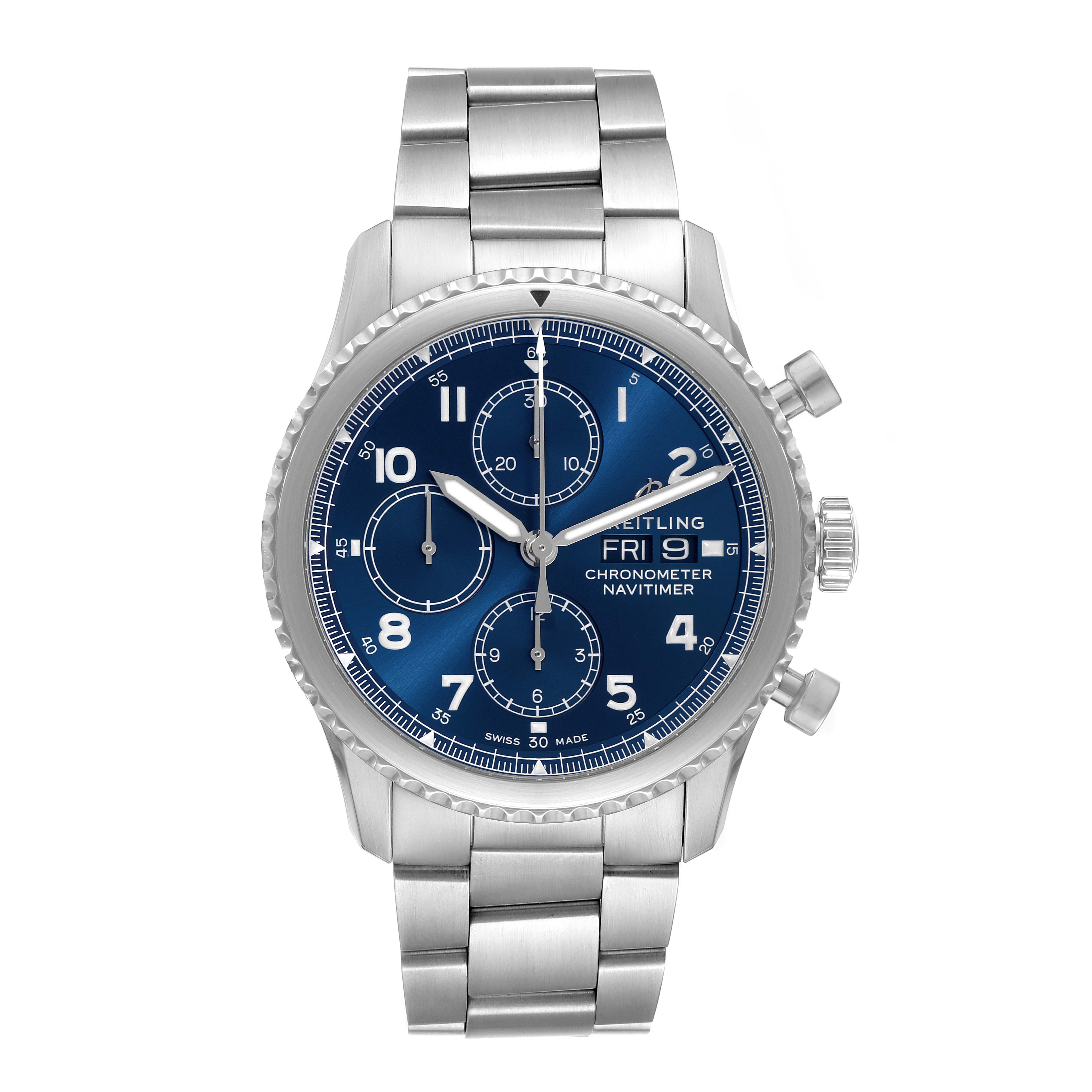 The image shows a front view of the Breitling Navitimer A1331410/C997/189A Men
s Stainless Steel Blue Dial A1331410/C997/189A Men
s Stainless Steel Blue Dial watch, highlighting its blue dial, chronograph subdials, and metal bracelet.