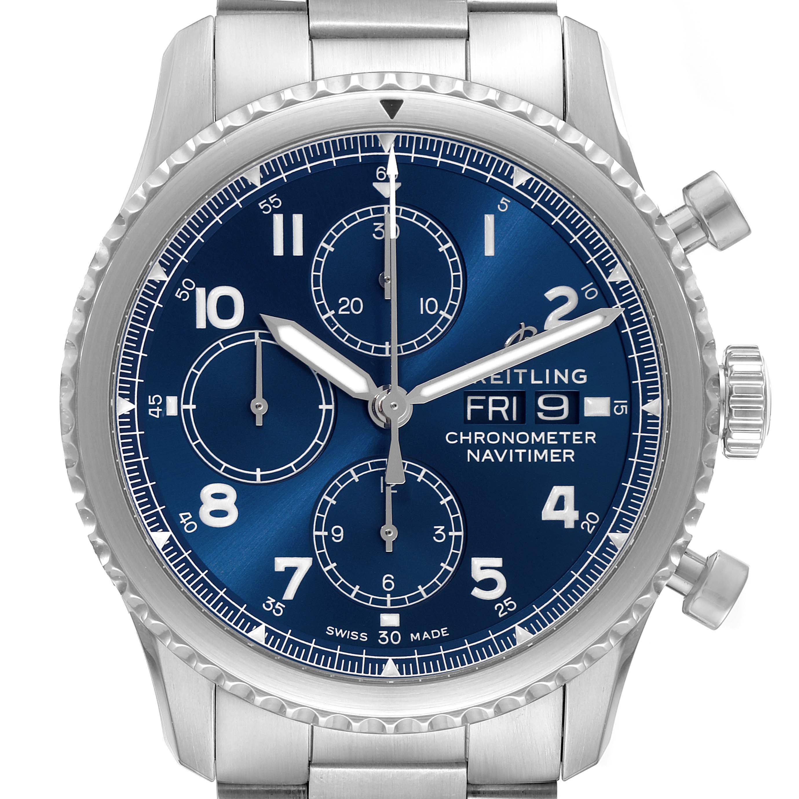 The image shows a front view of the Breitling Navitimer A1331410/C997/189A Men
s Stainless Steel Blue Dial A1331410/C997/189A Men
s Stainless Steel Blue Dial watch, highlighting its blue dial, chronograph subdials, and stainless steel bracelet.