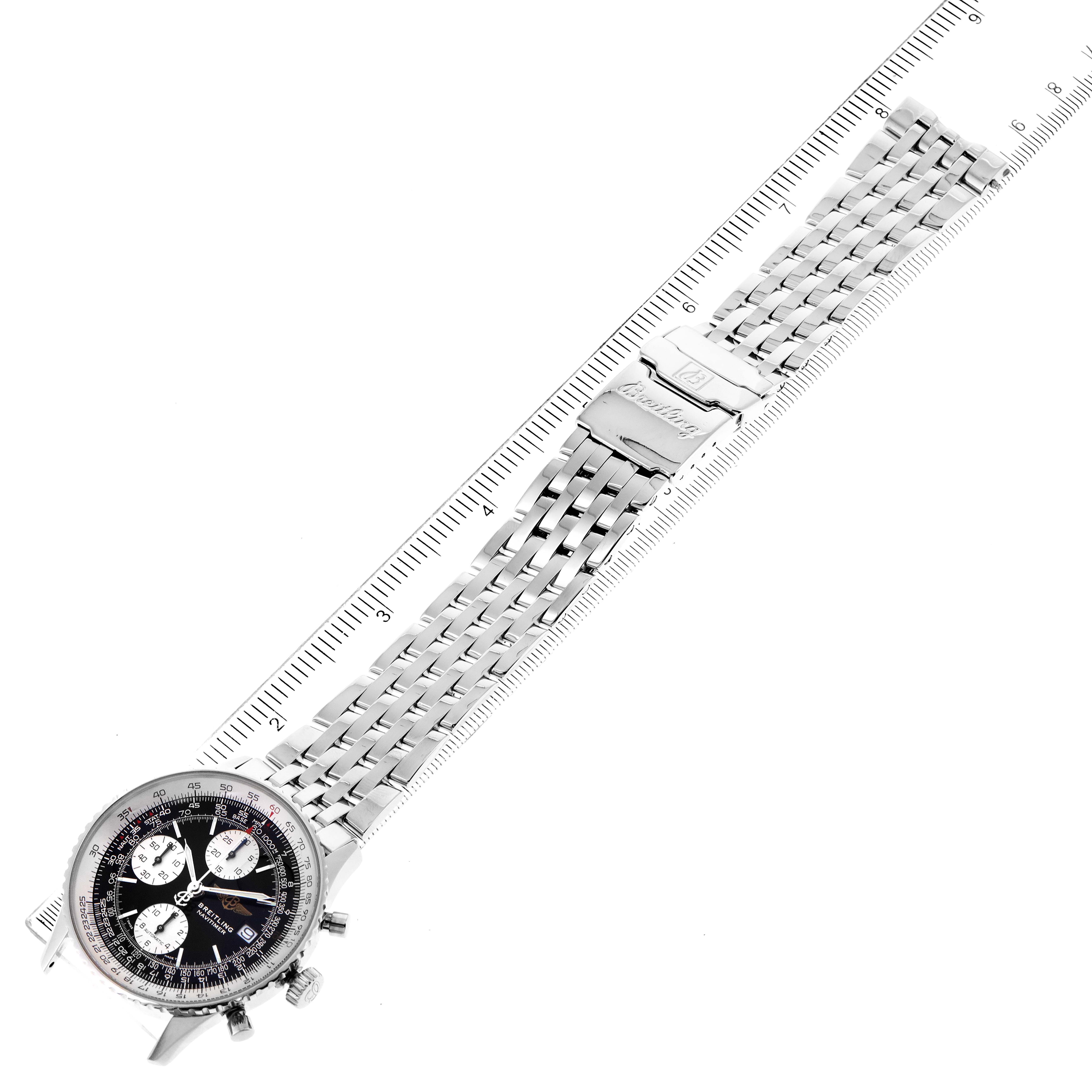 The image shows a top-down view of a Breitling Navitimer A13322 Men
s Stainless Steel Black Dial A13322 Men
s Stainless Steel Black Dial watch, highlighting its face, bezel, bracelet, and clasp.