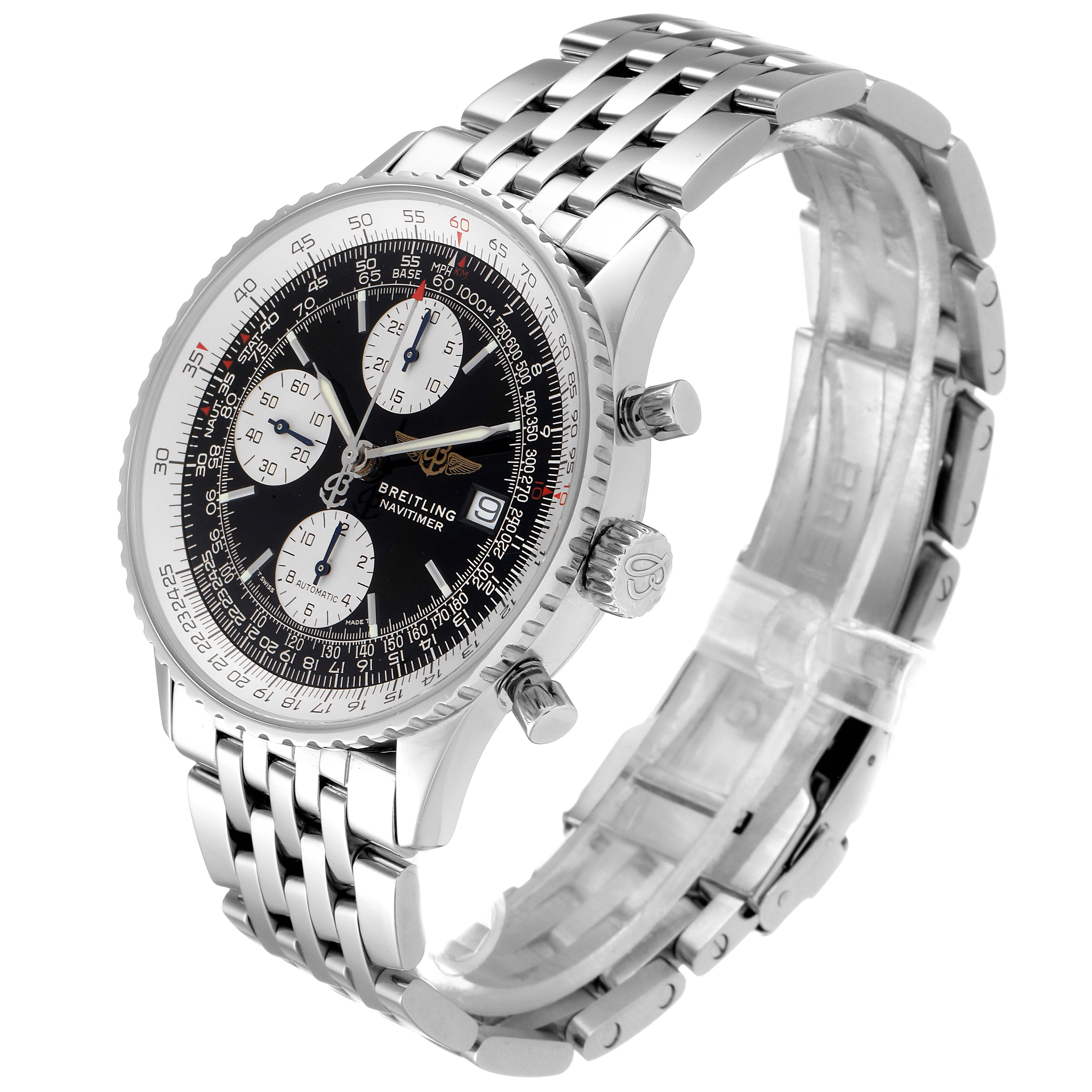 This image shows a side angle view of a Breitling Navitimer A13322 Men
s Stainless Steel Black Dial A13322 Men
s Stainless Steel Black Dial watch, highlighting its face, bezel, case, and bracelet.