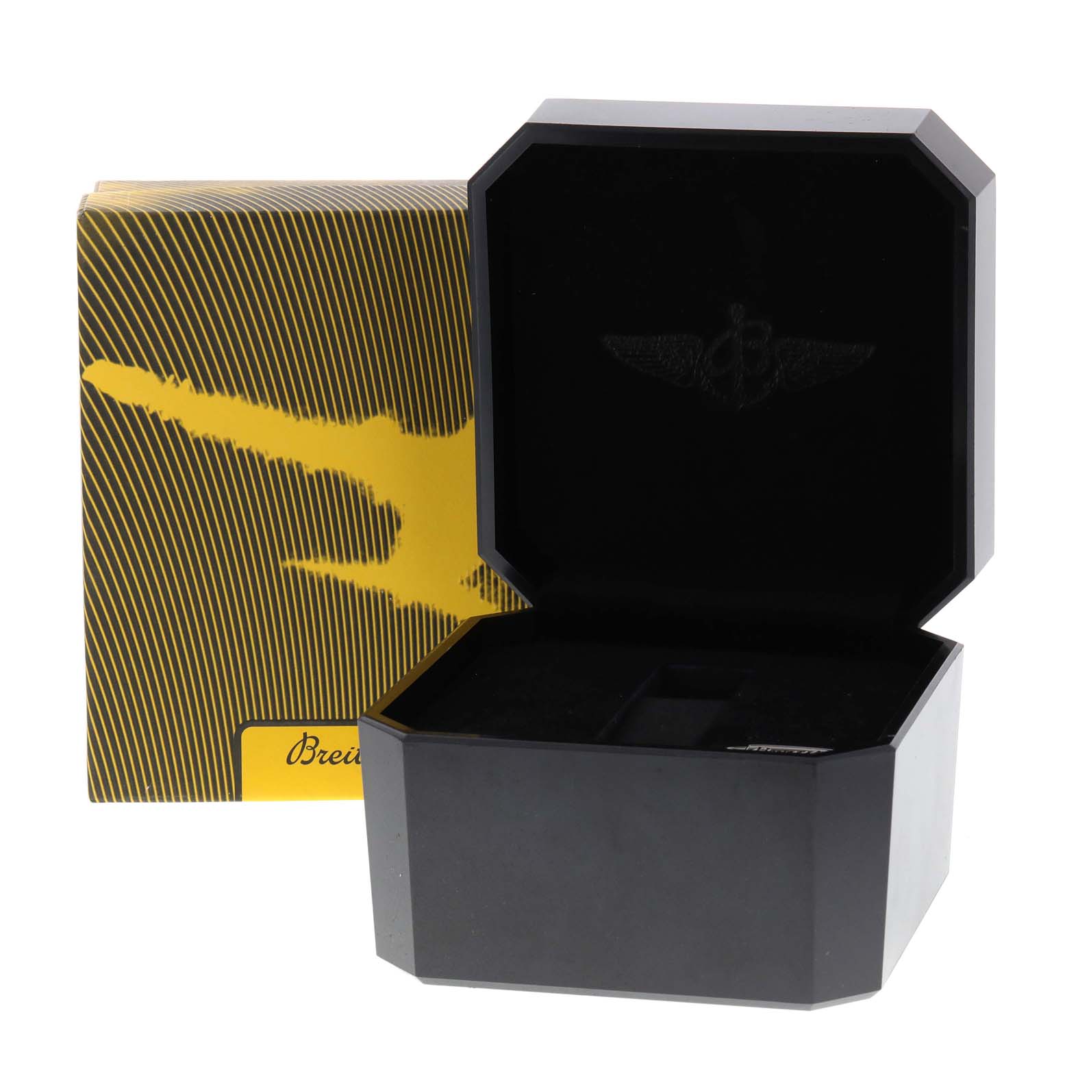 The image shows an open Breitling Navitimer A13322 Men
s Stainless Steel Black Dial A13322 Men
s Stainless Steel Black Dial watch box and its outer yellow packaging.