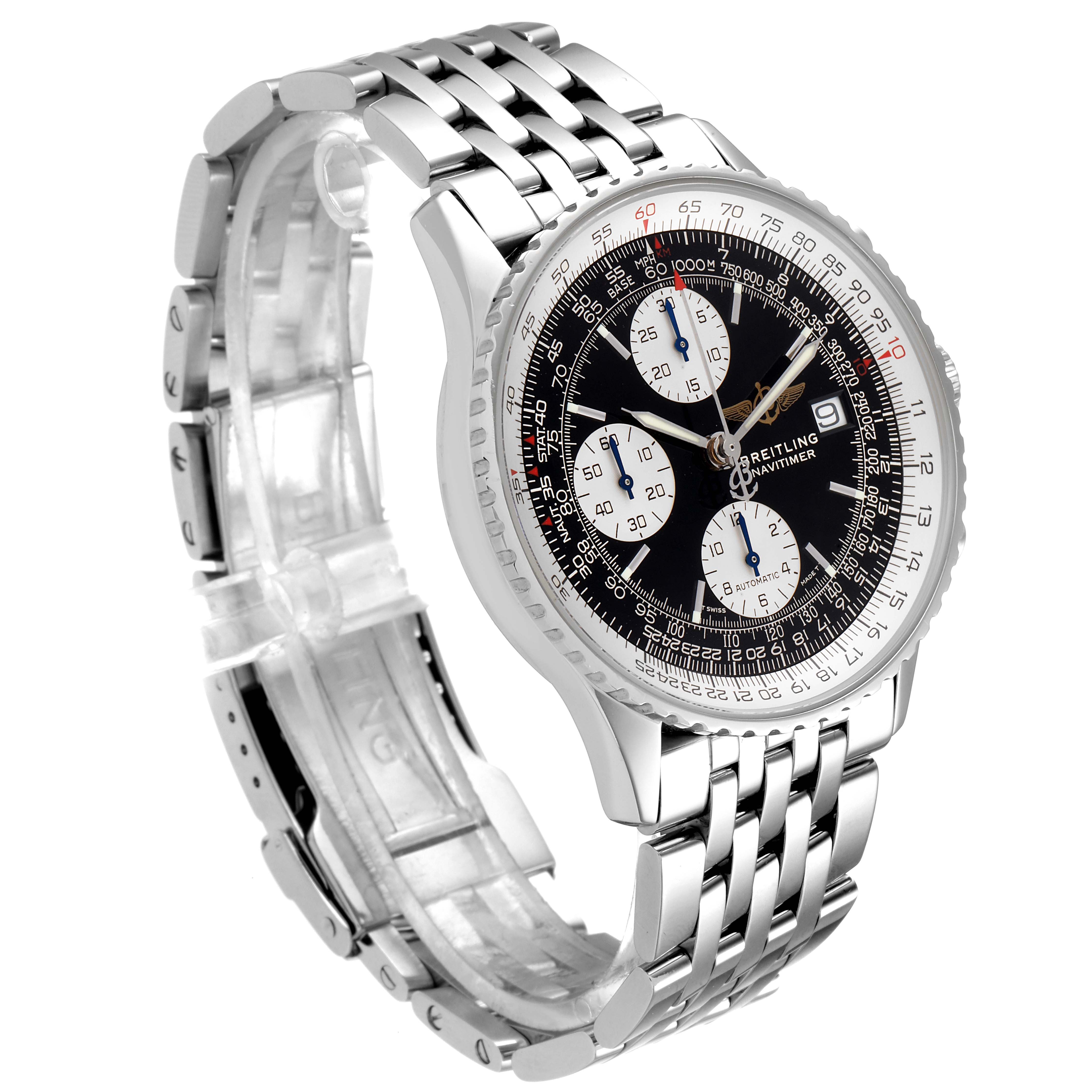 The image shows a Breitling Navitimer A13322 Men
s Stainless Steel Black Dial A13322 Men
s Stainless Steel Black Dial watch at a 3/4 angle, highlighting the face, bezel, and bracelet.