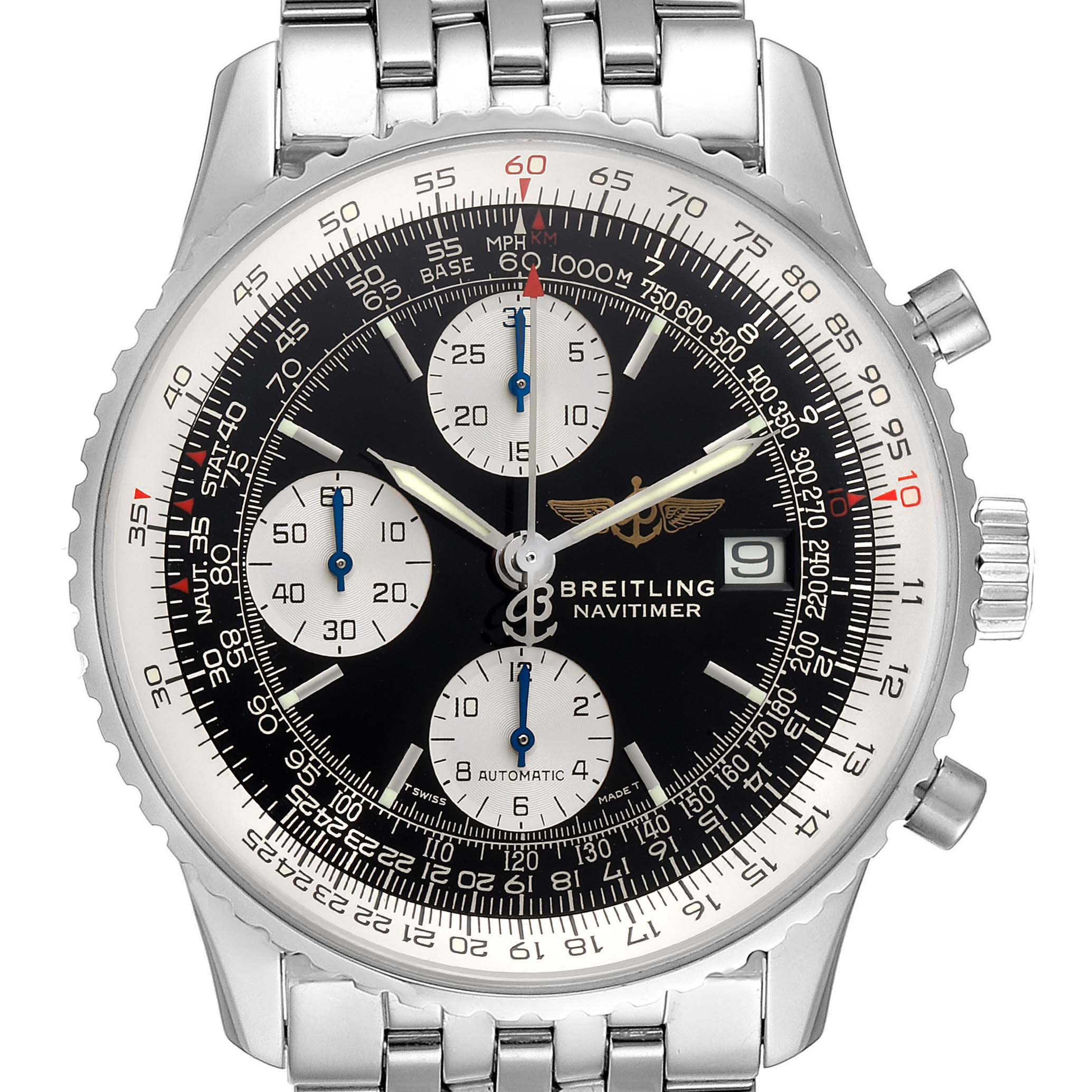 This image shows a top-down view of a Breitling Navitimer A13322 Men
s Stainless Steel Black Dial A13322 Men
s Stainless Steel Black Dial watch, displaying its face, bezel, and part of the metal bracelet.