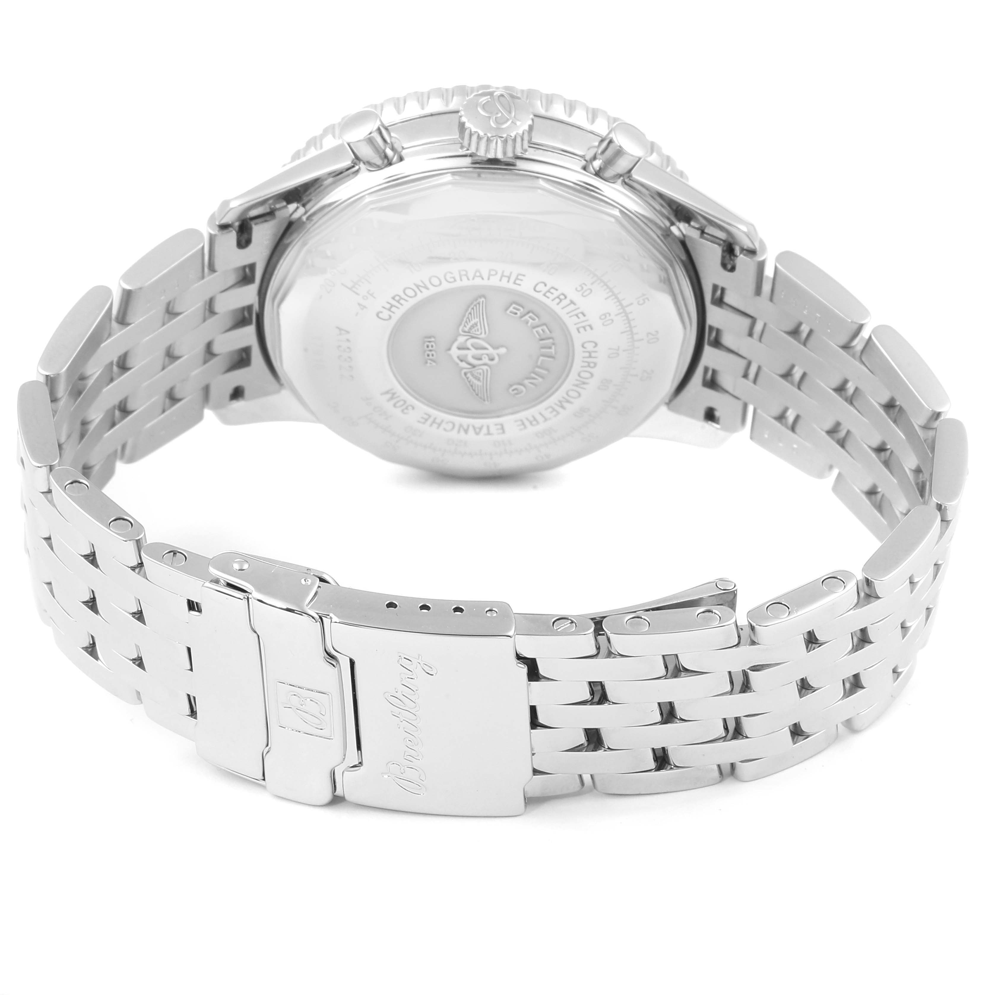 This image shows the back view of the Breitling Navitimer A13322 Men
s Stainless Steel Black Dial A13322 Men
s Stainless Steel Black Dial watch, highlighting the case back and metal bracelet with clasp.