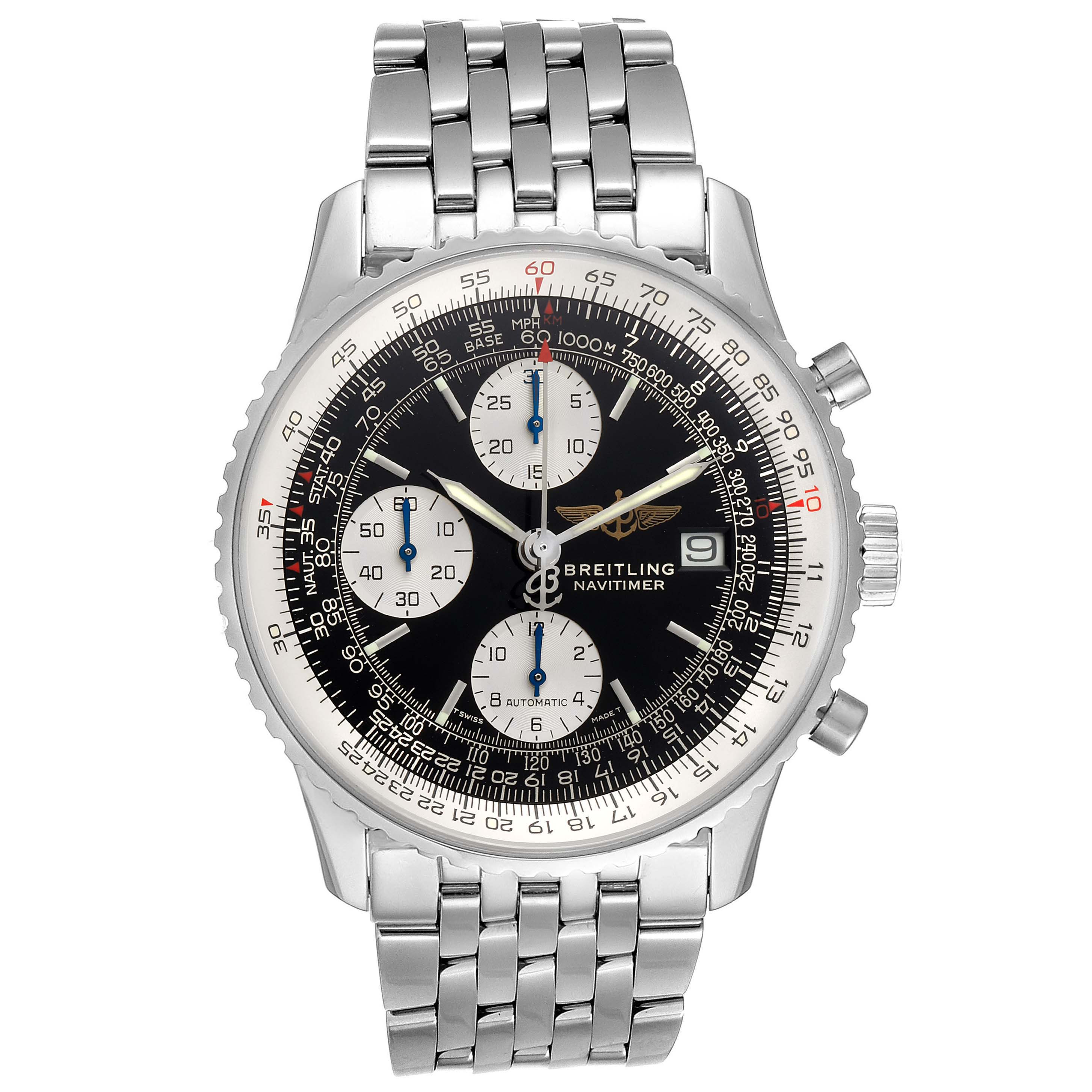 The image shows a front view of a Breitling Navitimer A13322 Men
s Stainless Steel Black Dial A13322 Men
s Stainless Steel Black Dial watch, including its dial, bezel, and stainless steel bracelet.