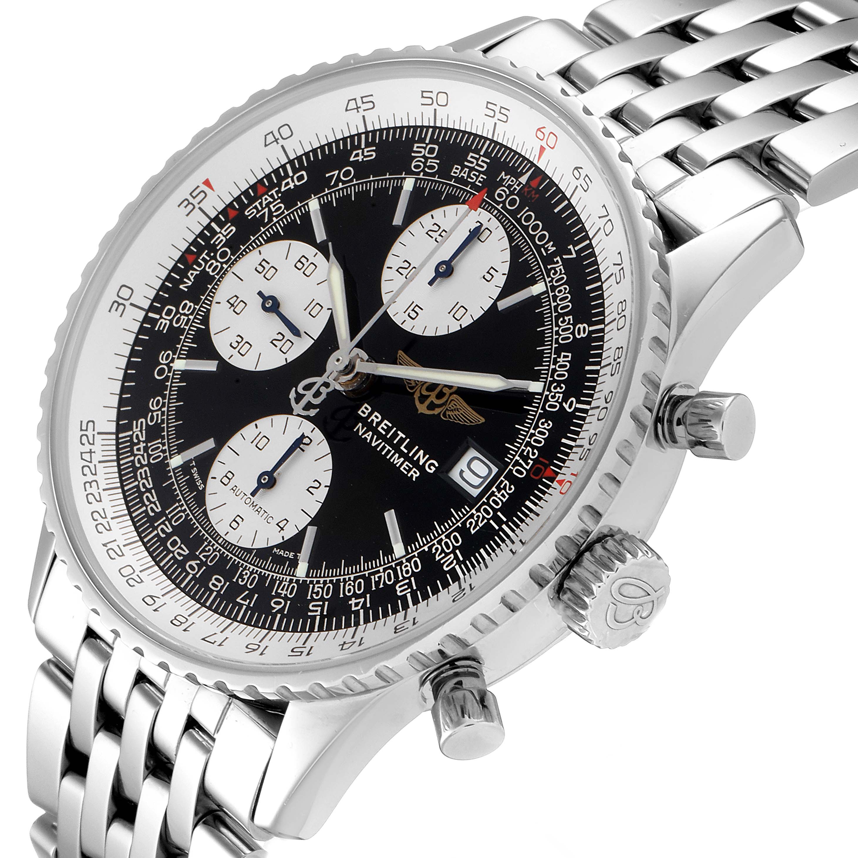 The image shows a front angled view of a Breitling Navitimer A13322 Men
s Stainless Steel Black Dial A13322 Men
s Stainless Steel Black Dial watch, highlighting the dial, chronograph subdials, and part of the bracelet.