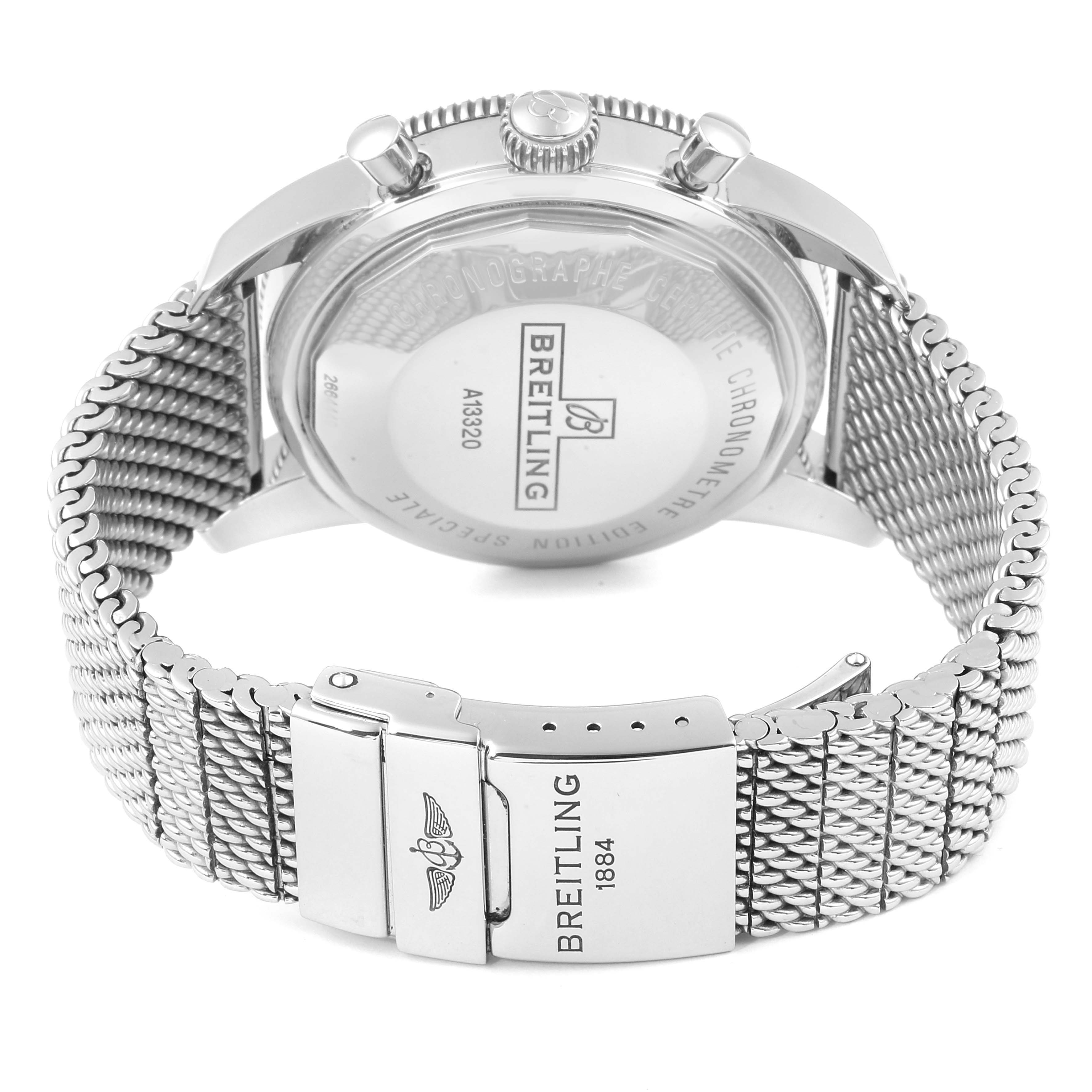 This is a rear view angle of the Breitling Superocean A13320 Men
s Stainless Steel Silver Dial A13320 Men
s Stainless Steel Silver Dial watch, showing the case back, crown, pushers, and mesh metal bracelet with clasp.