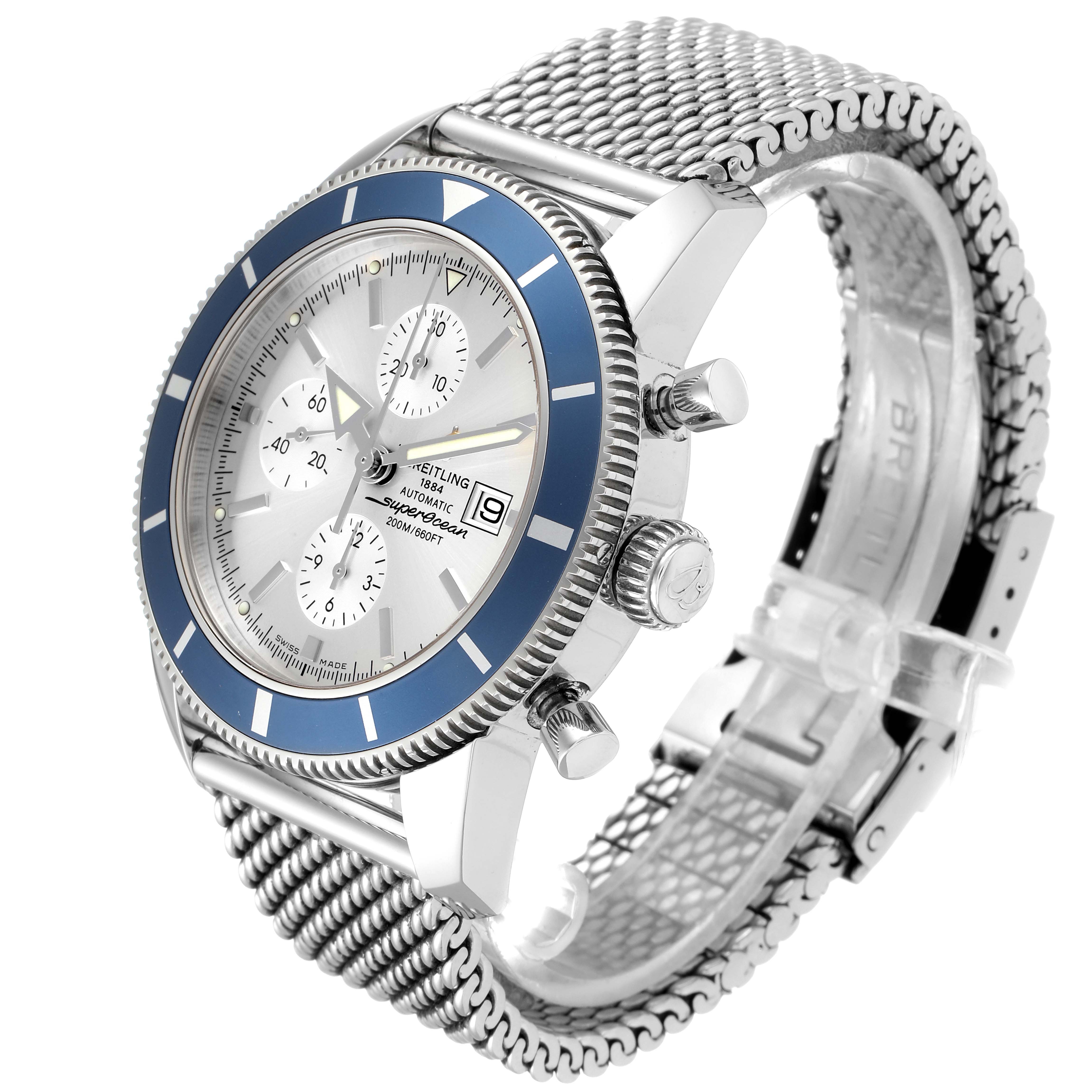 The image shows a Breitling Superocean A13320 Men
s Stainless Steel Silver Dial A13320 Men
s Stainless Steel Silver Dial watch at an angled view showcasing its face, bezel, crown, pushers, and mesh bracelet.