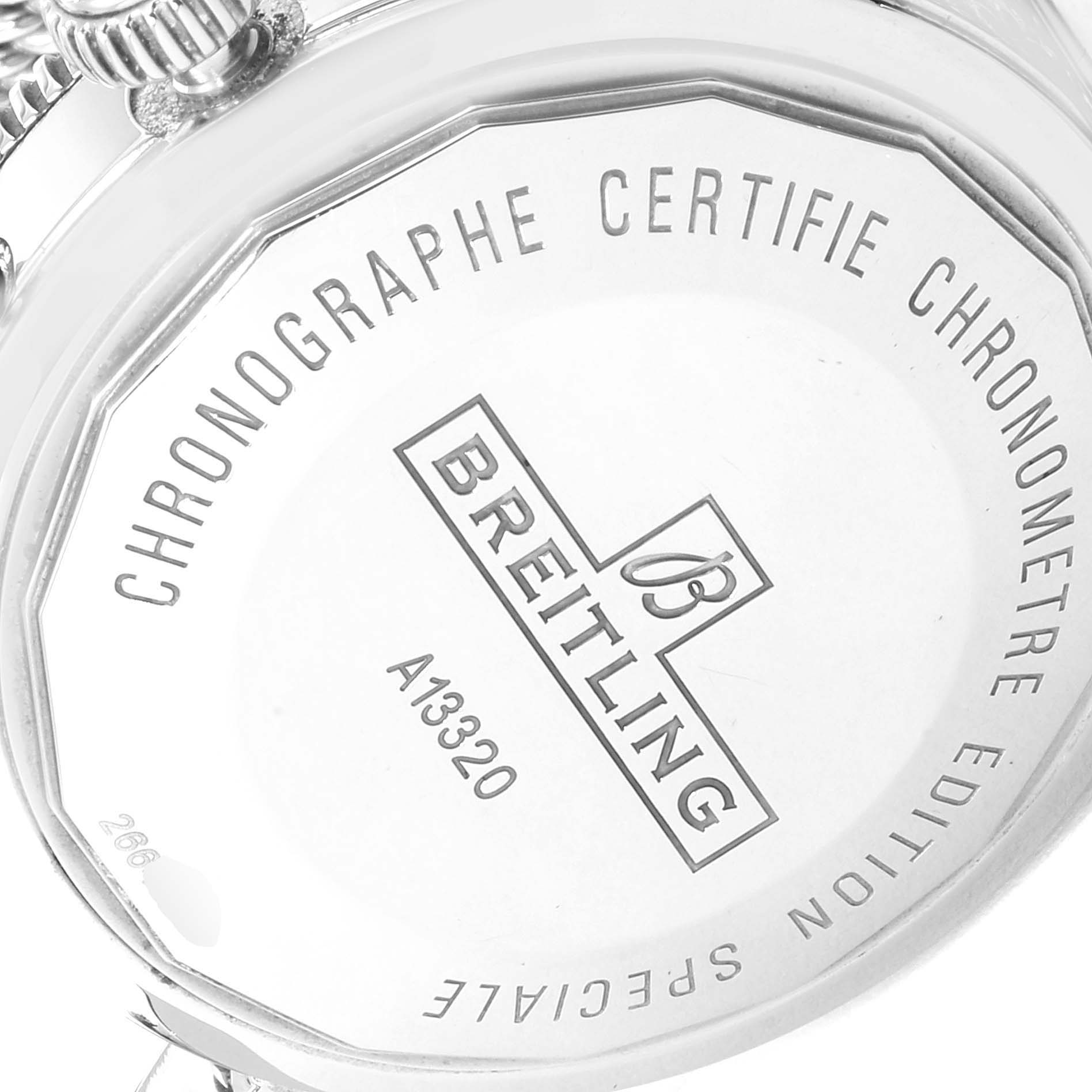 The image shows the case back of a Breitling Superocean A13320 Men
s Stainless Steel Silver Dial A13320 Men
s Stainless Steel Silver Dial watch, highlighting the engravings and model number.