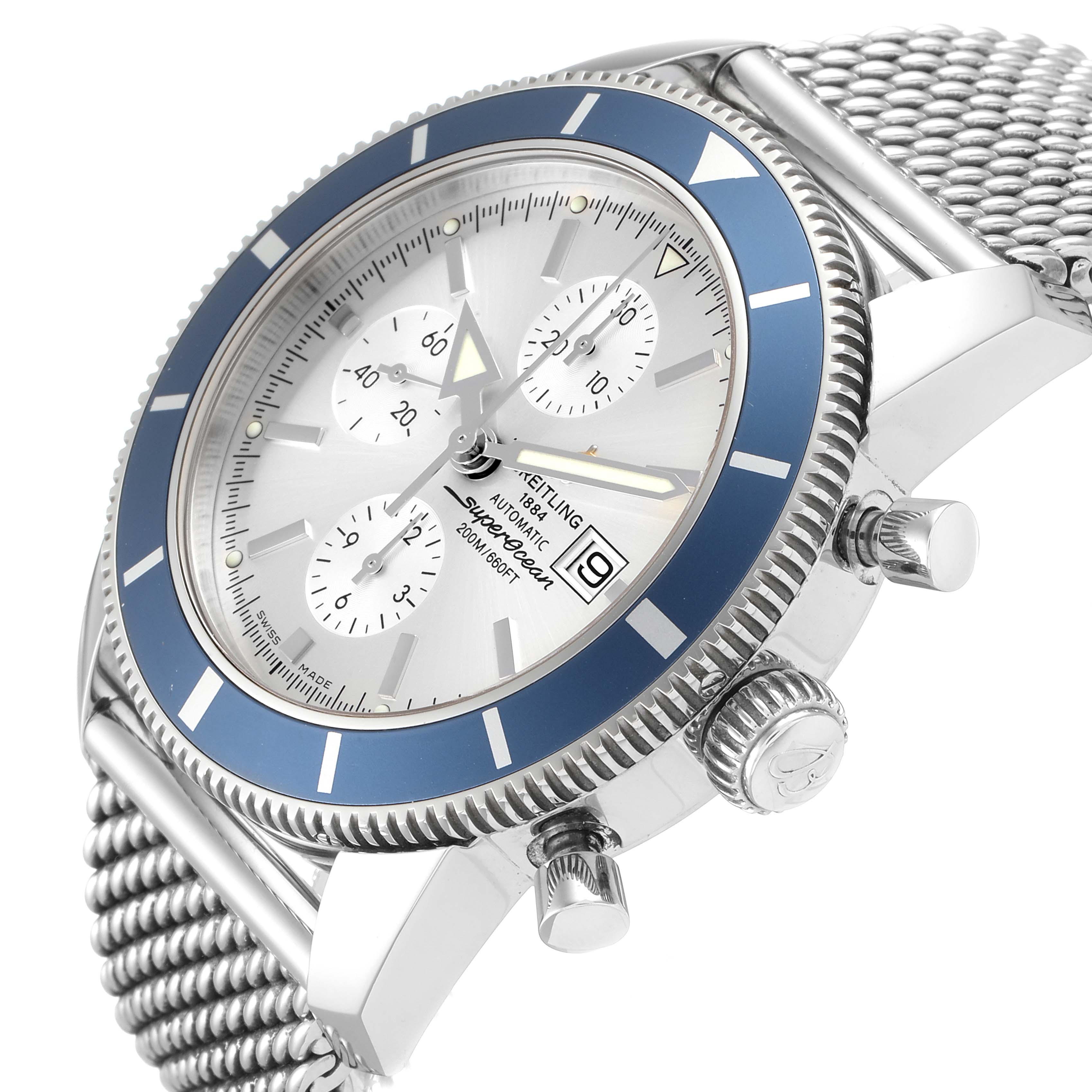 The image shows a Breitling Superocean A13320 Men
s Stainless Steel Silver Dial A13320 Men
s Stainless Steel Silver Dial watch from an angled view, highlighting the bezel, dial, crown, pushers, and bracelet.