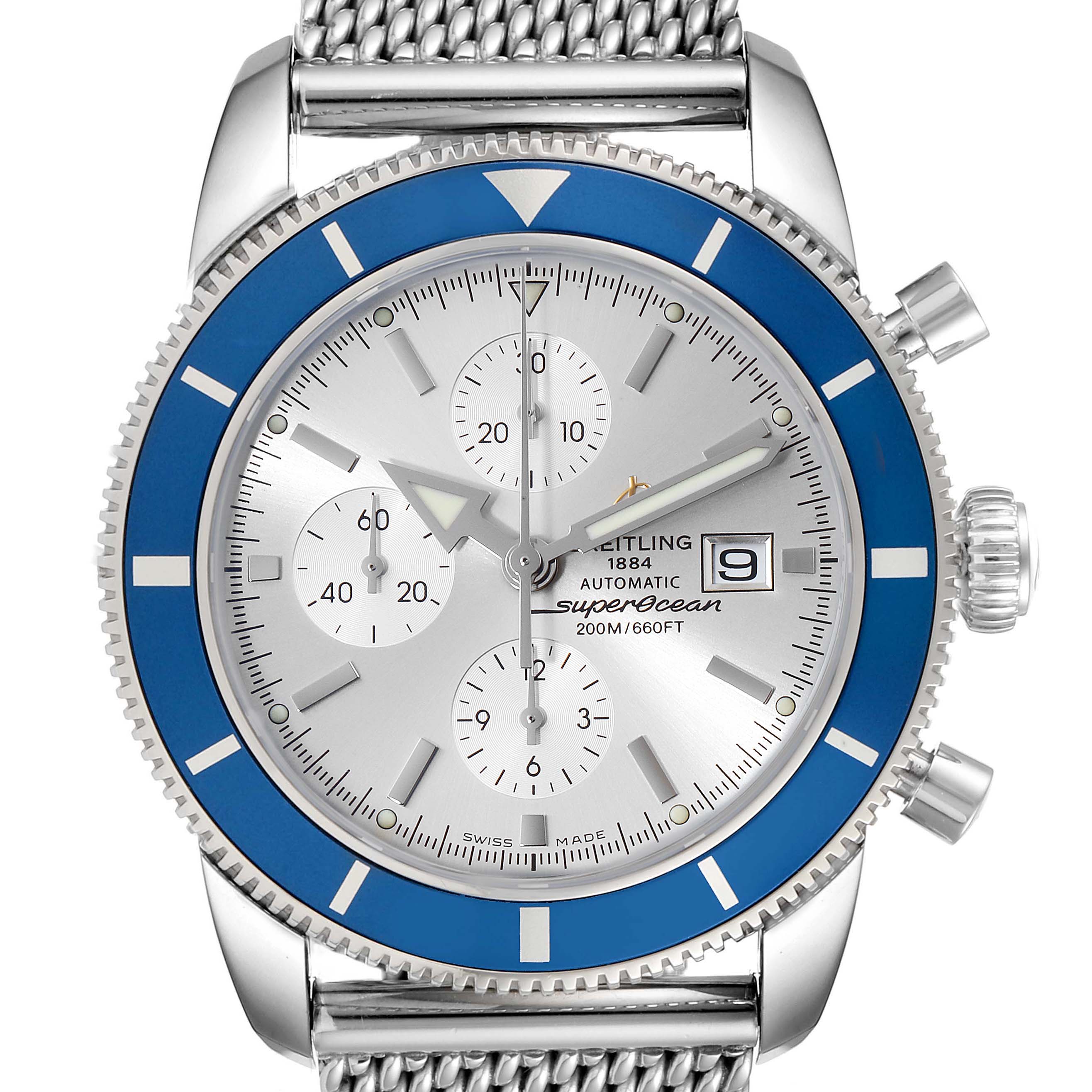 The image shows a front view of the Breitling Superocean A13320 Men
s Stainless Steel Silver Dial A13320 Men
s Stainless Steel Silver Dial watch, highlighting its dial, bezel, and part of the strap.