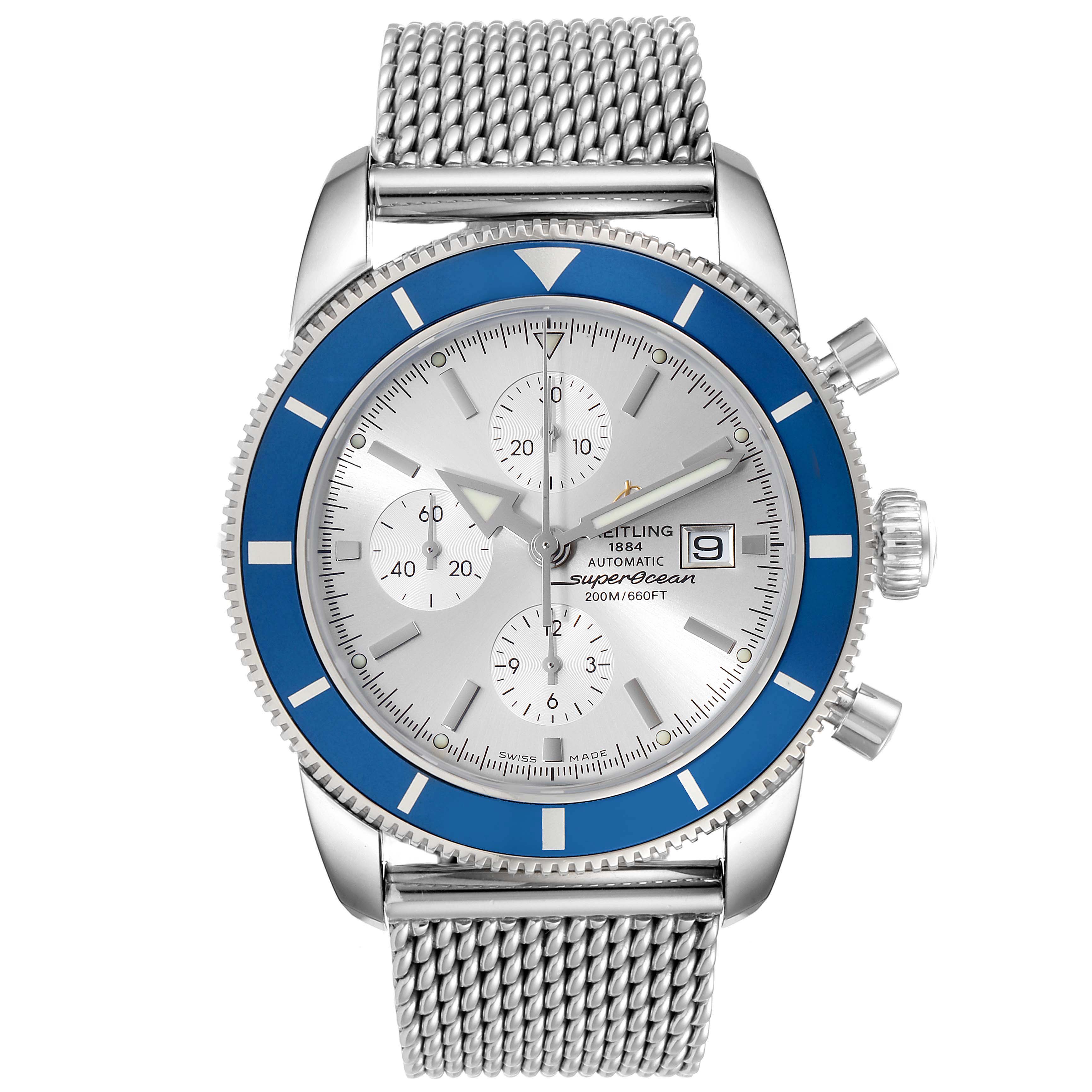 The image shows a Breitling Superocean A13320 Men
s Stainless Steel Silver Dial A13320 Men
s Stainless Steel Silver Dial watch, front view, displaying its dial, bezel, crown, pushers, and mesh strap.