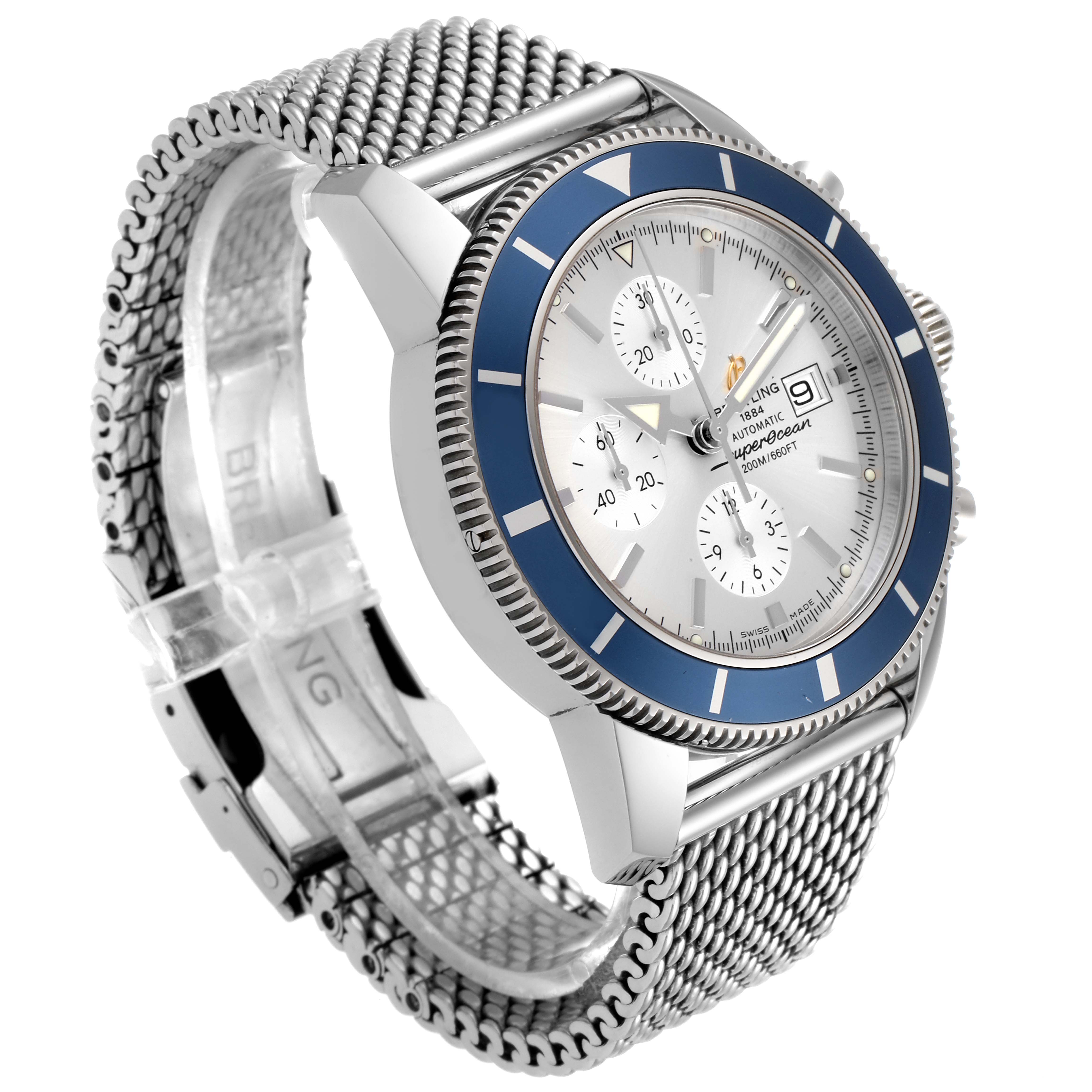 The image shows a Breitling Superocean A13320 Men
s Stainless Steel Silver Dial A13320 Men
s Stainless Steel Silver Dial watch at a slight angled view, displaying the face, bezel, and bracelet.