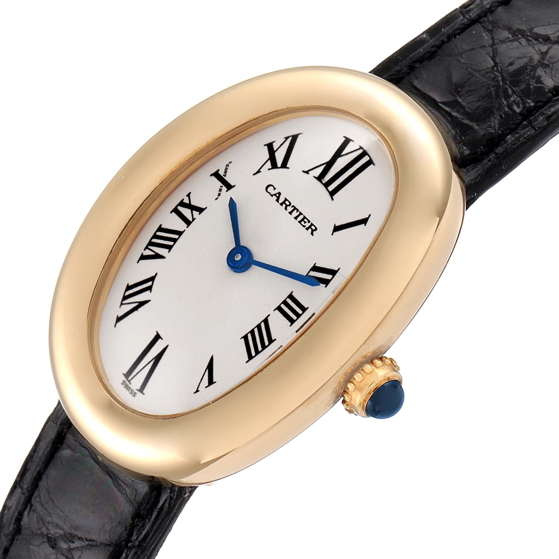 The image shows the Cartier Baignoire 1954 Women's Yellow Gold Silver Dial 1954 Women's Yellow Gold Silver Dial watch at an angled top view, highlighting its face, strap, and crown.