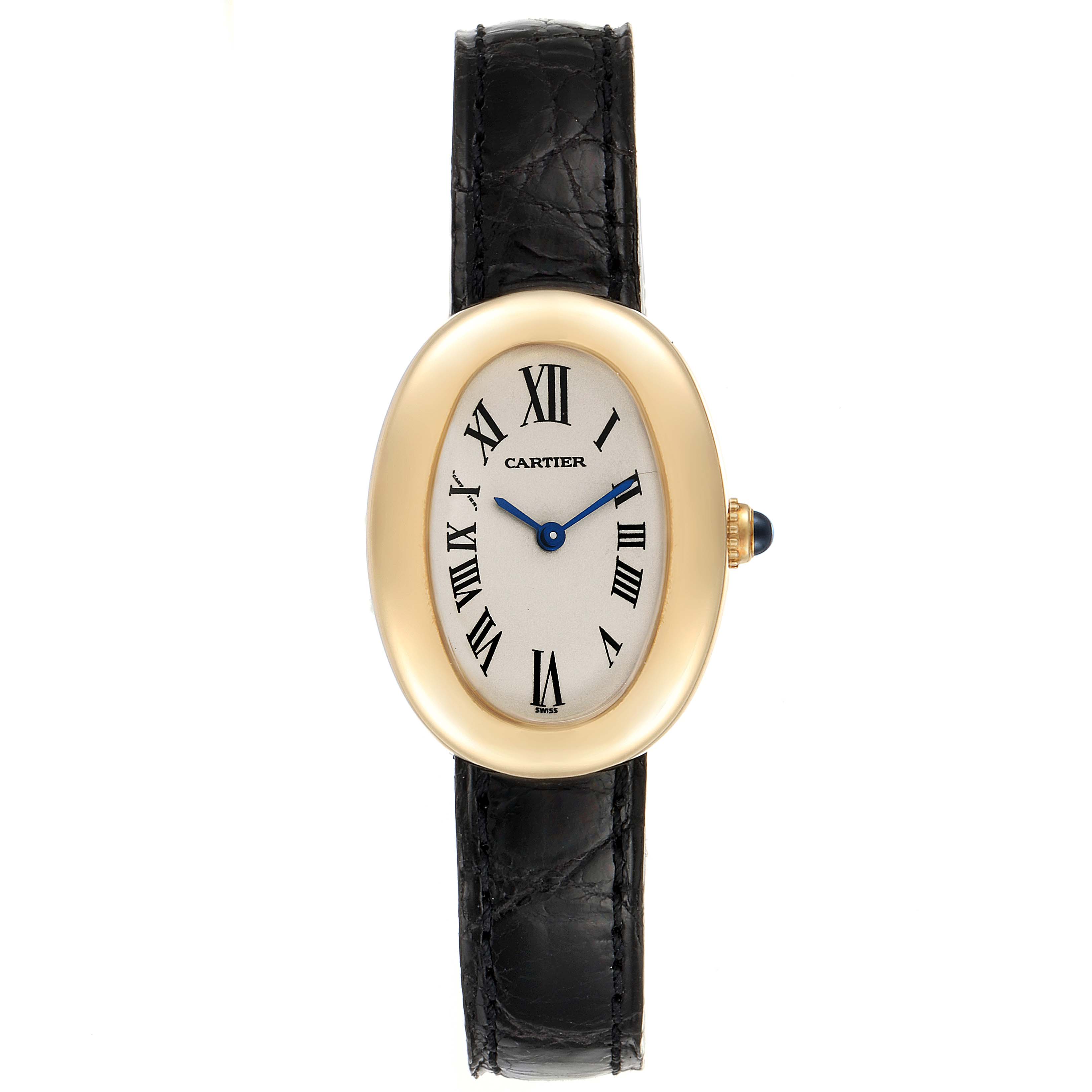 The Cartier Baignoire 1954 Women's Yellow Gold Silver Dial 1954 Women's Yellow Gold Silver Dial watch is shown from a top-down angle, displaying the oval face, Roman numerals, and black leather strap.