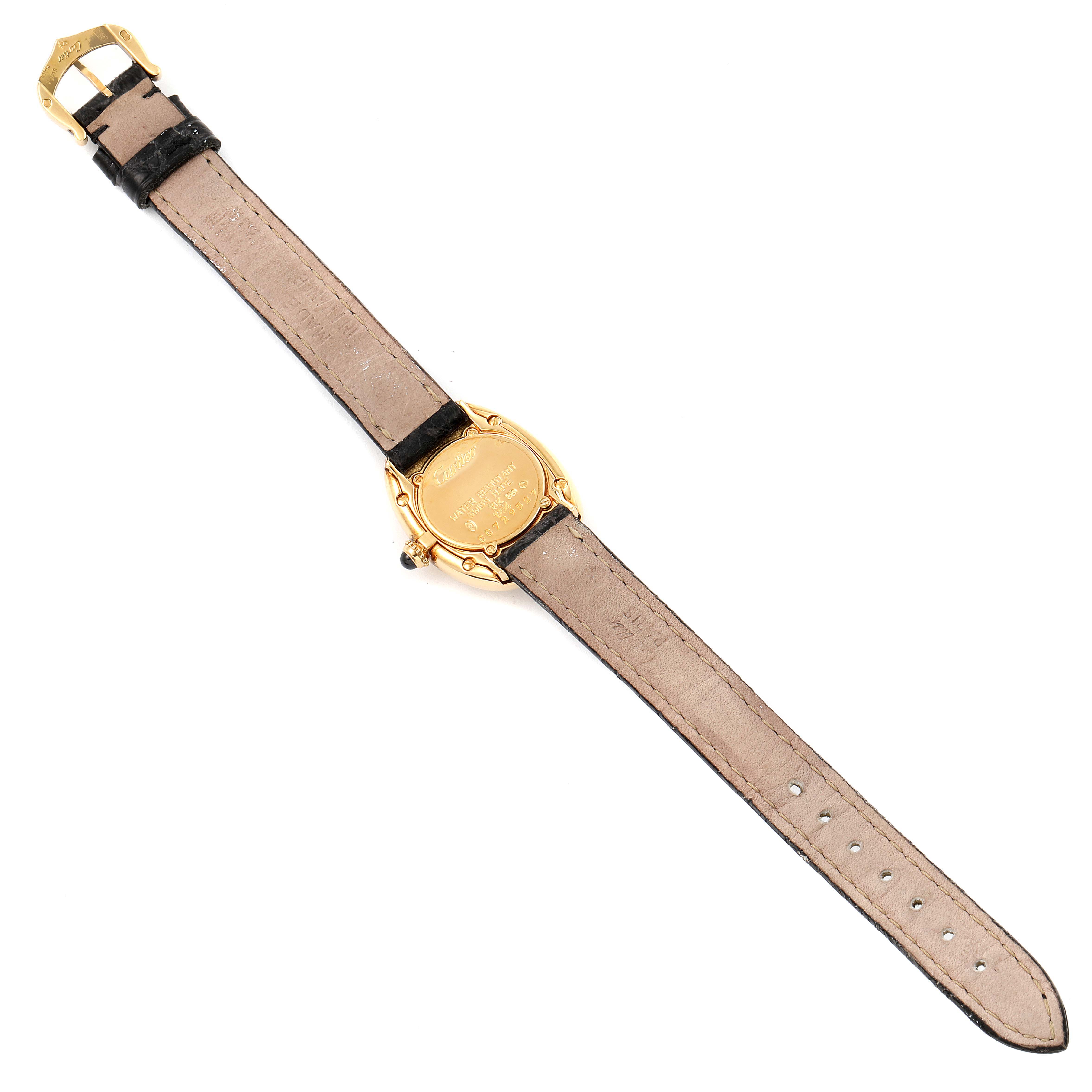 The image shows the back view of a Cartier Baignoire 1954 Women's Yellow Gold Silver Dial 1954 Women's Yellow Gold Silver Dial watch, displaying the case back and full leather strap.