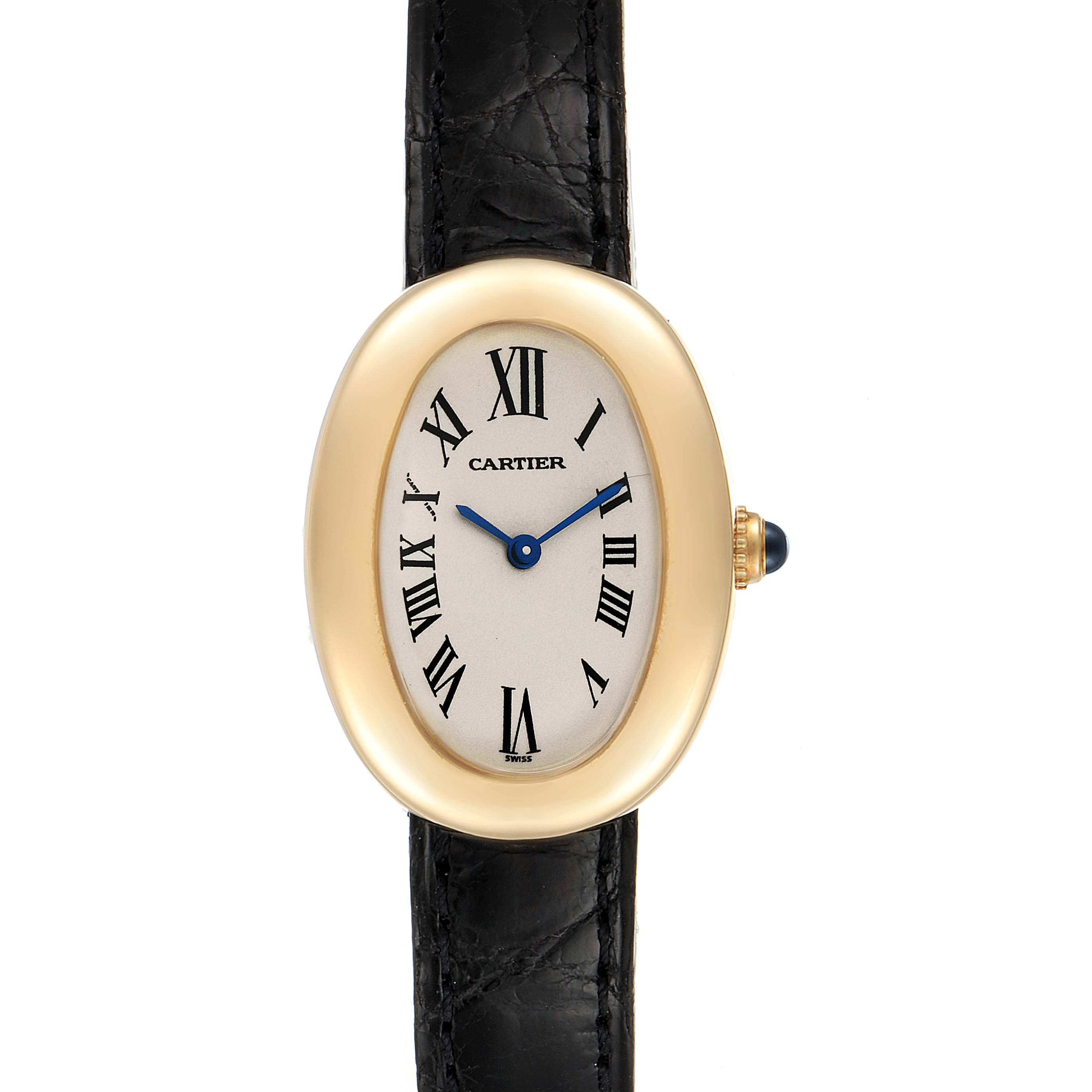 The image shows a Cartier Baignoire 1954 Women's Yellow Gold Silver Dial 1954 Women's Yellow Gold Silver Dial watch from a front view, highlighting its oval face, black strap, and Roman numeral dial.