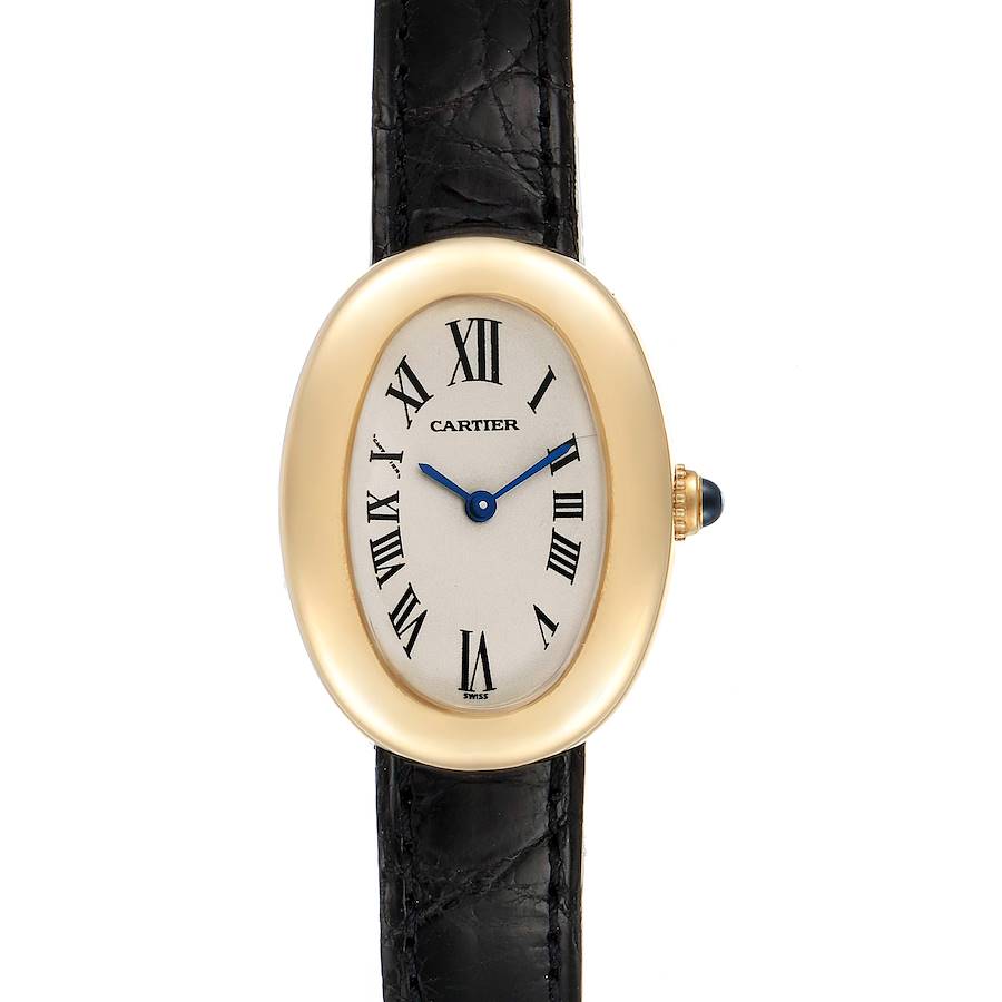 Cartier Baignoire Silver Dial Black Strap Yellow Gold Ladies Watch 1954 SwissWatchExpo