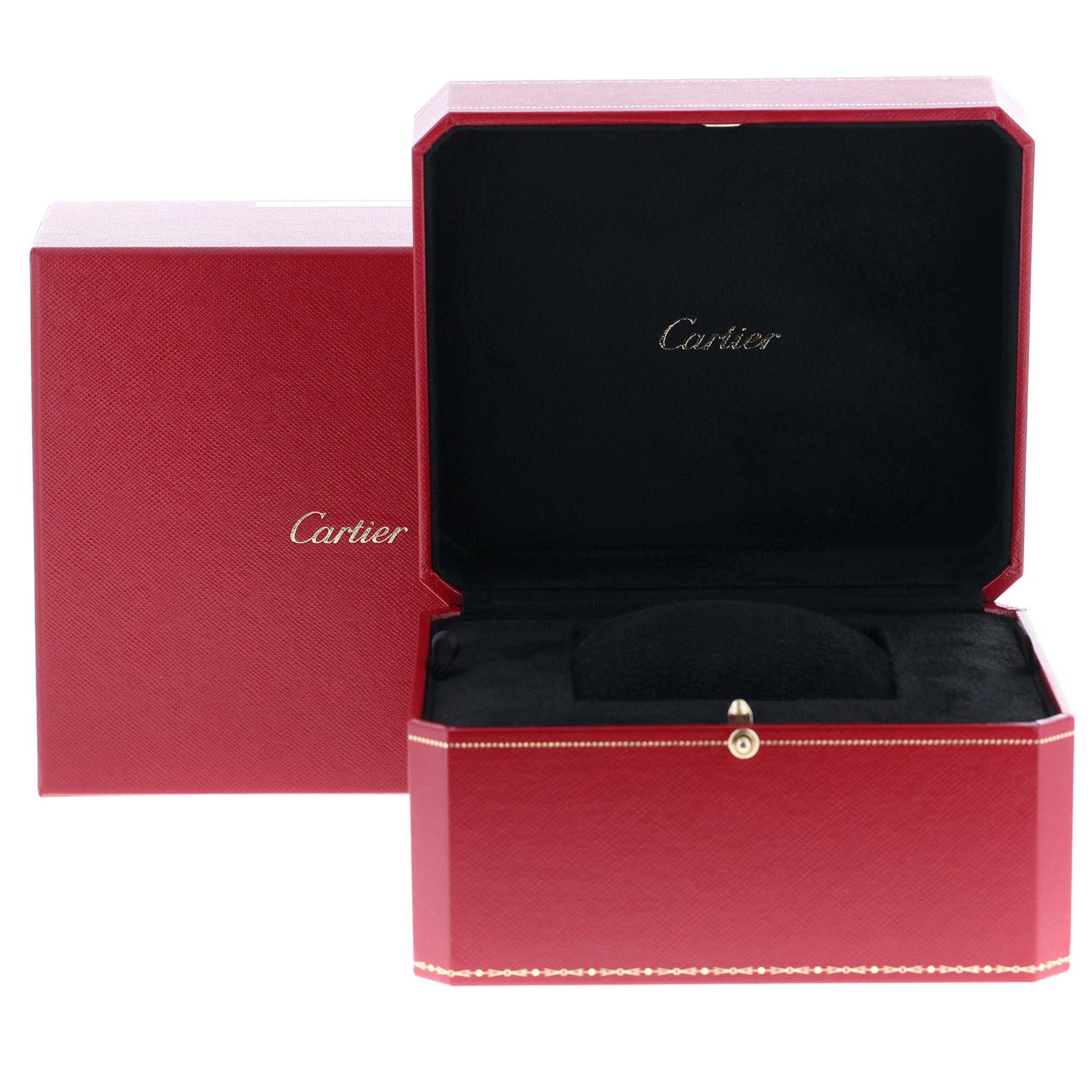 The image shows an open Cartier Cle W2CL0003 Women
s Steel and Gold (two tone) Silver Dial W2CL0003 Women
s Steel and Gold (two tone) Silver Dial model watch box, showcasing its red exterior and black interior.