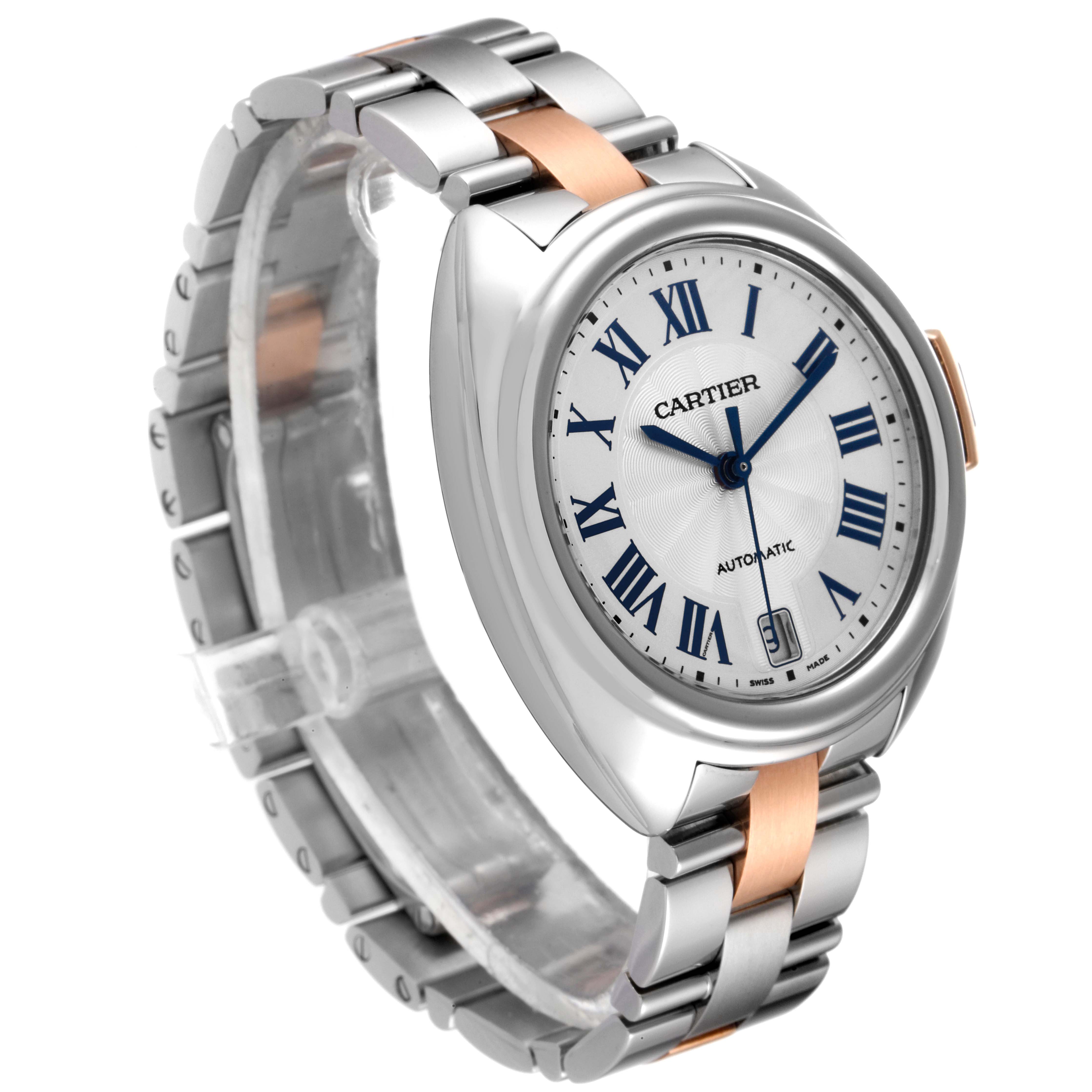 The Cartier Clé watch is displayed at a slight angle, showing the face, bezel, side, and partially, the bracelet.
