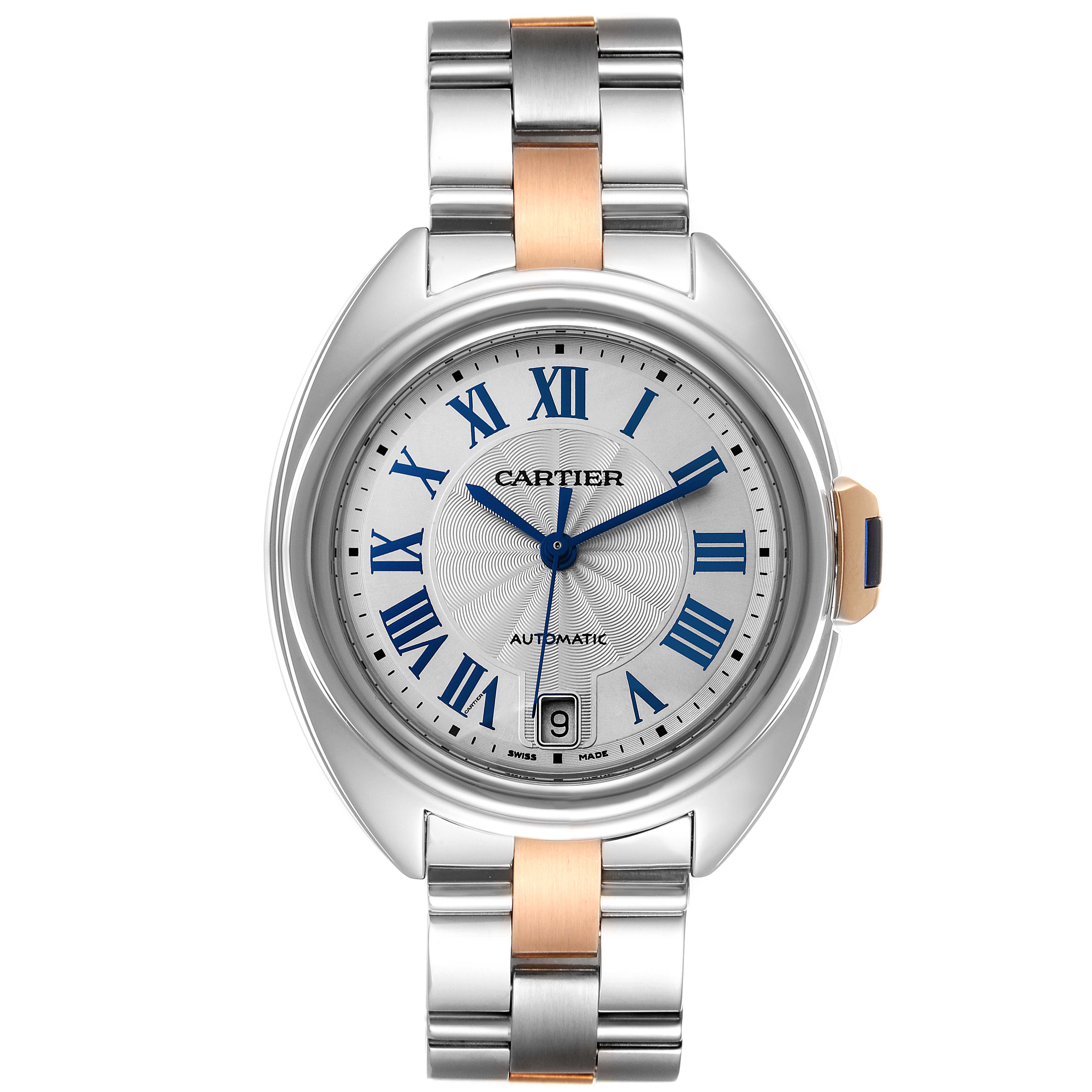 This image shows a frontal view of the Cartier Cle W2CL0003 Women
s Steel and Gold (two tone) Silver Dial W2CL0003 Women
s Steel and Gold (two tone) Silver Dial watch, highlighting its face, bezel, crown, and two-tone bracelet.