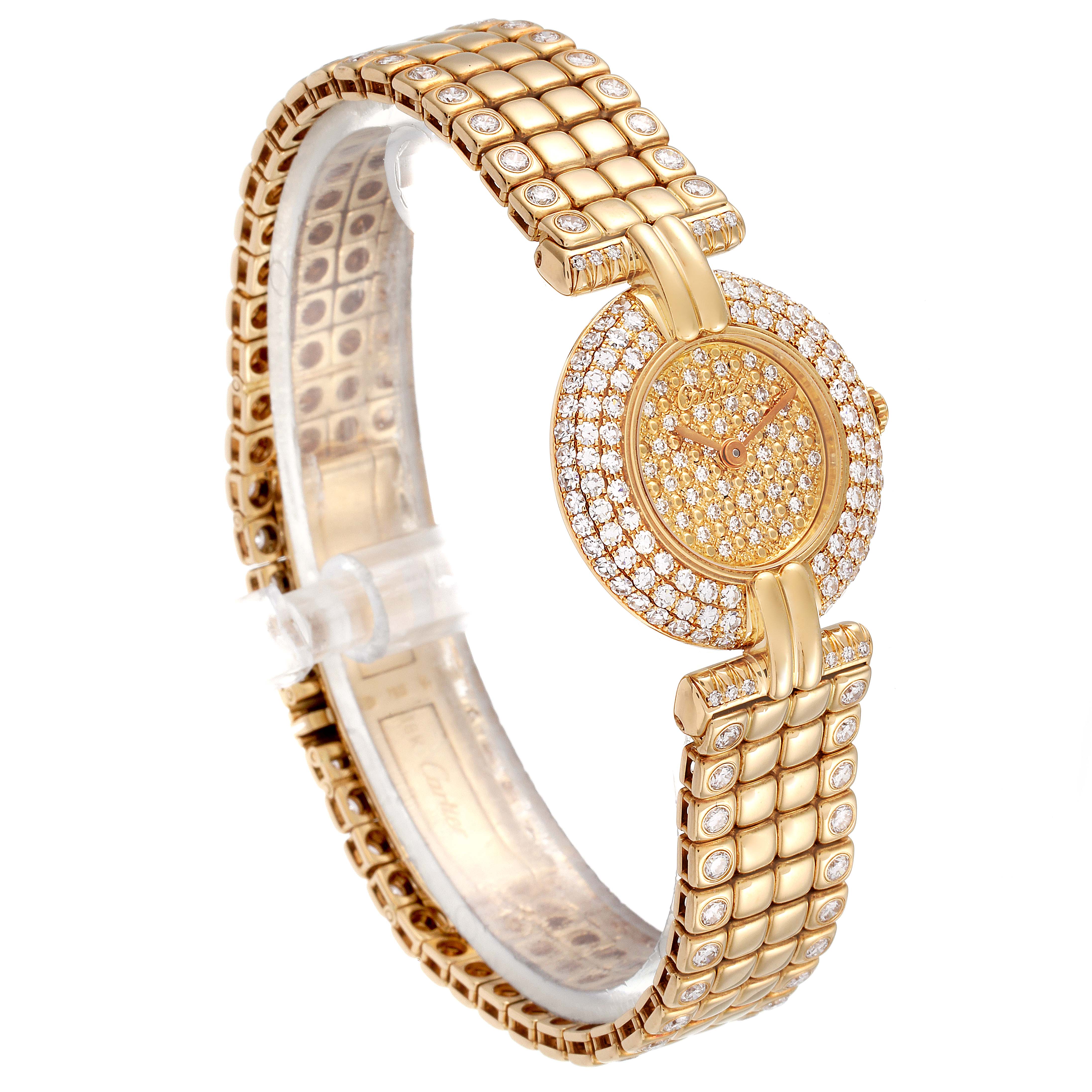 The image shows a Cartier Colisee Women's Yellow Gold Champagne Dial Women's Yellow Gold Champagne Dial watch at a slight angle, highlighting its gold and diamond-encrusted face and band.