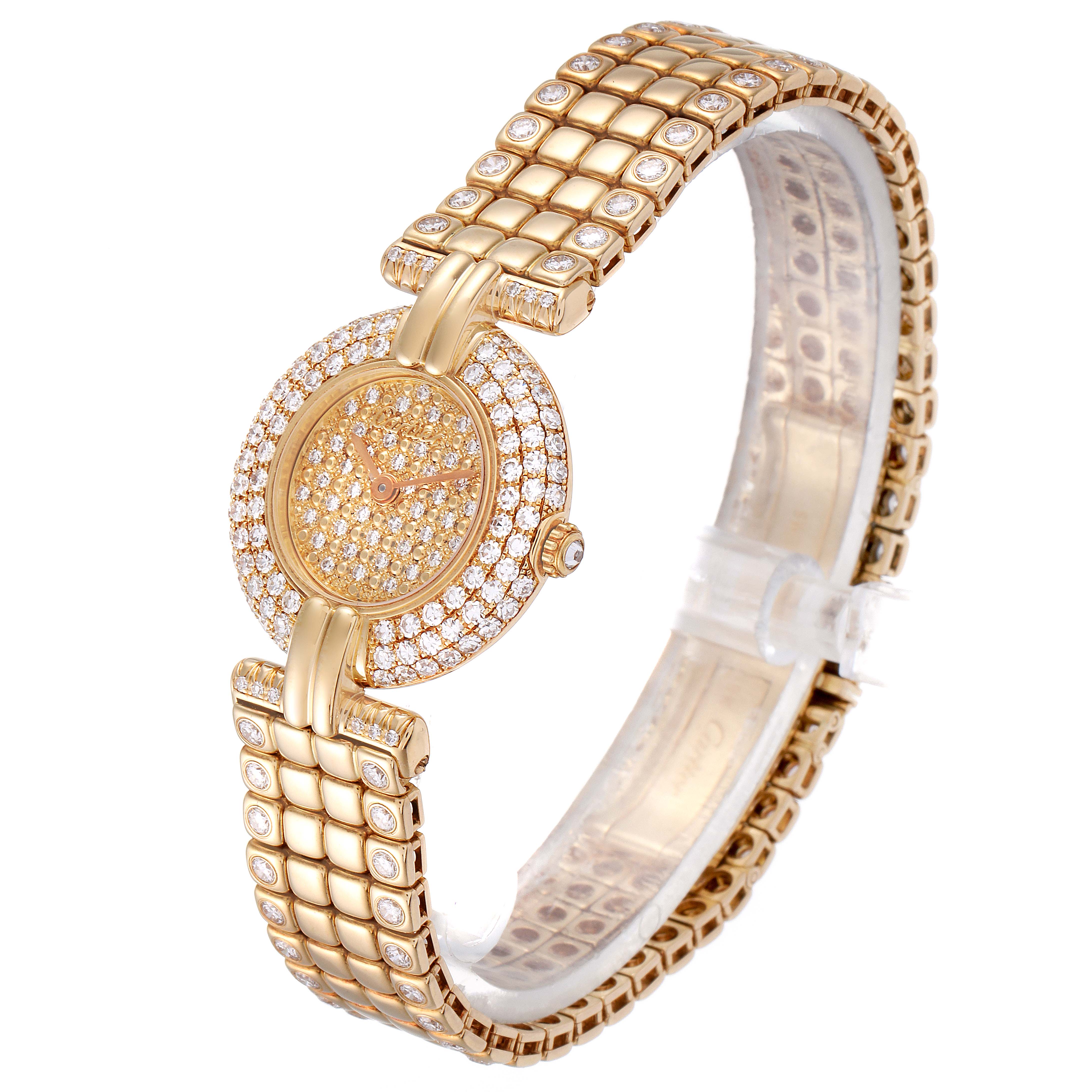 The image shows a Cartier Colisee Women's Yellow Gold Champagne Dial Women's Yellow Gold Champagne Dial model watch at an angled side view, highlighting the face, bezel, bracelet, and dial.