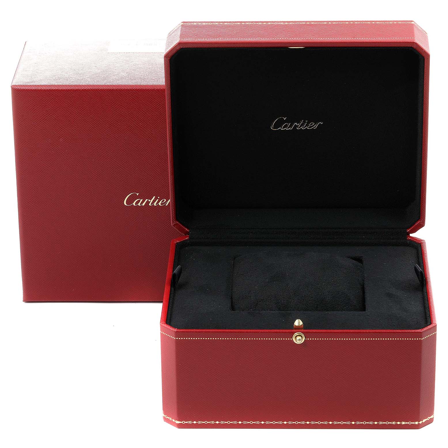 The image shows an open red Cartier watch box for the Colisee model, lined with black fabric.