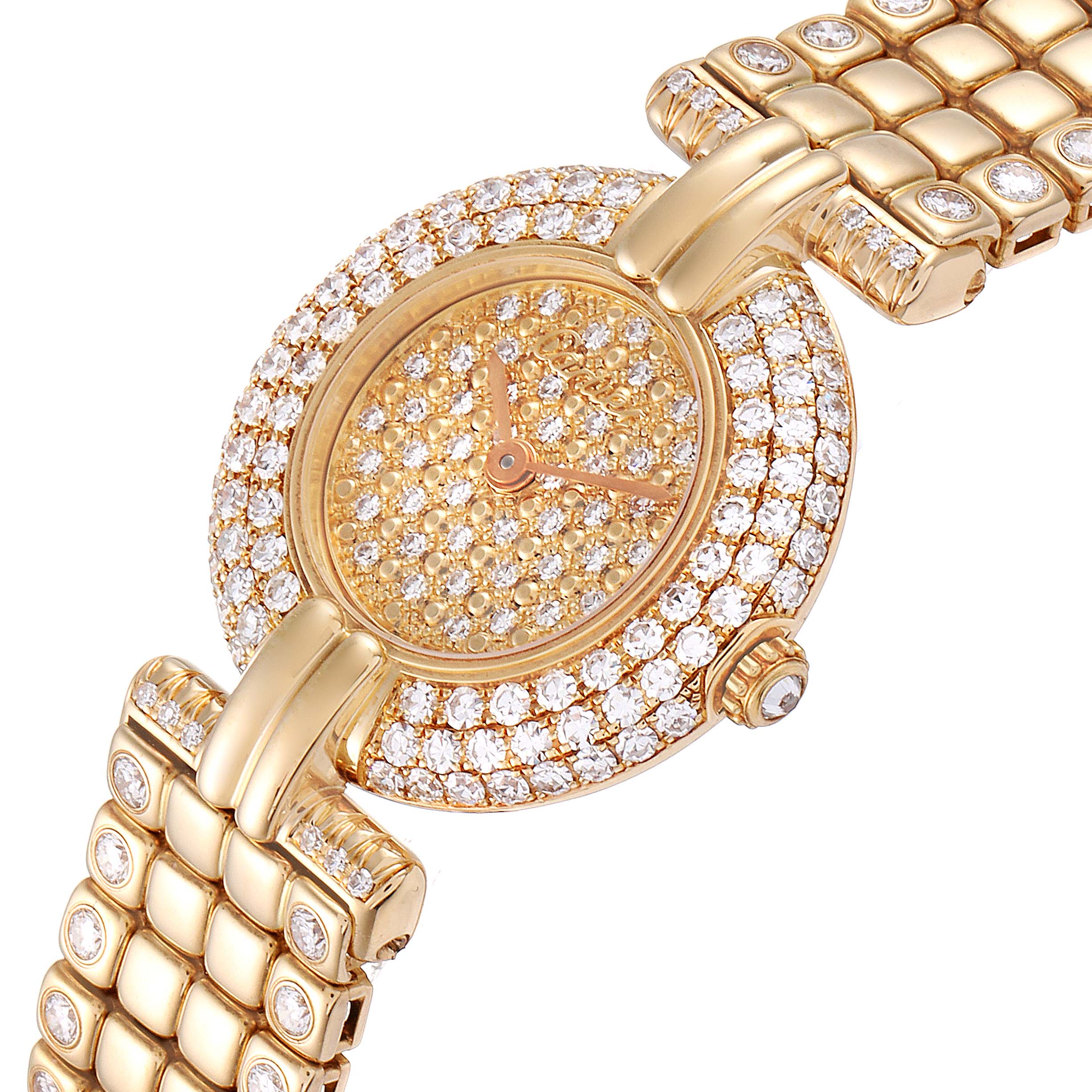 The image shows a close-up, angled view of a Cartier Colisee Women's Yellow Gold Champagne Dial Women's Yellow Gold Champagne Dial watch, highlighting its diamond-encrusted face and band.