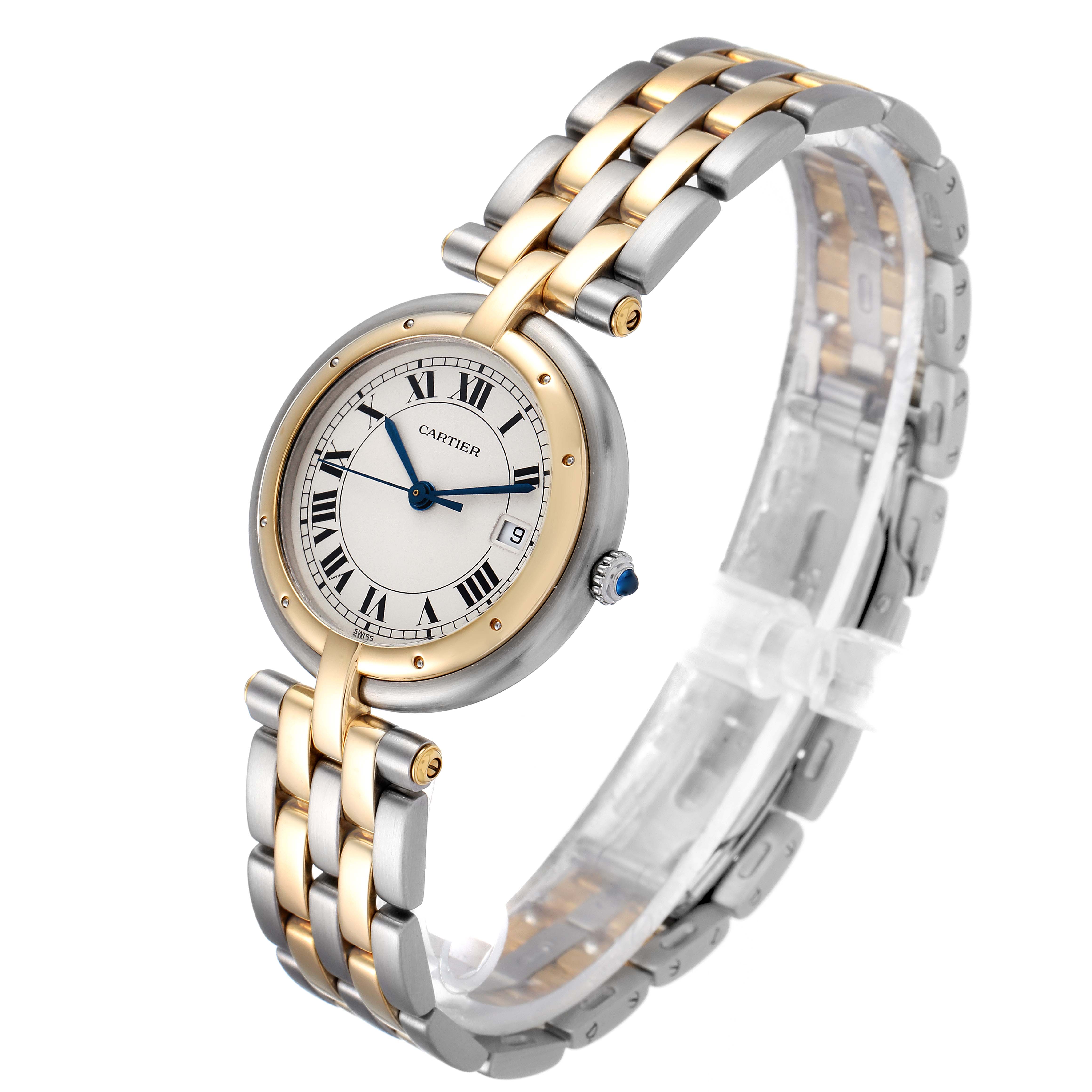 This image shows a Cartier Panthère watch at a slight side angle, featuring its two-tone bracelet, round case, and Roman numeral dial.